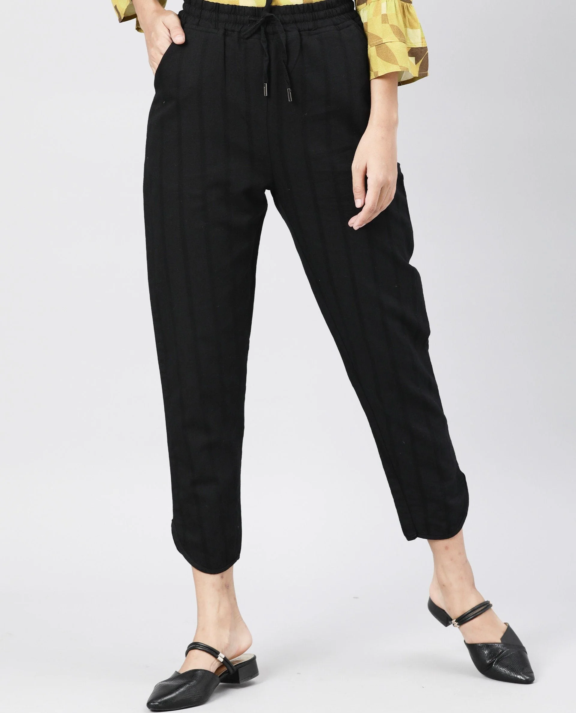 Rareism Womens Dusto Black Trouser Cotton Linen Fabric Ankle Length Regular Fit Elasticated Waistband - Image 3