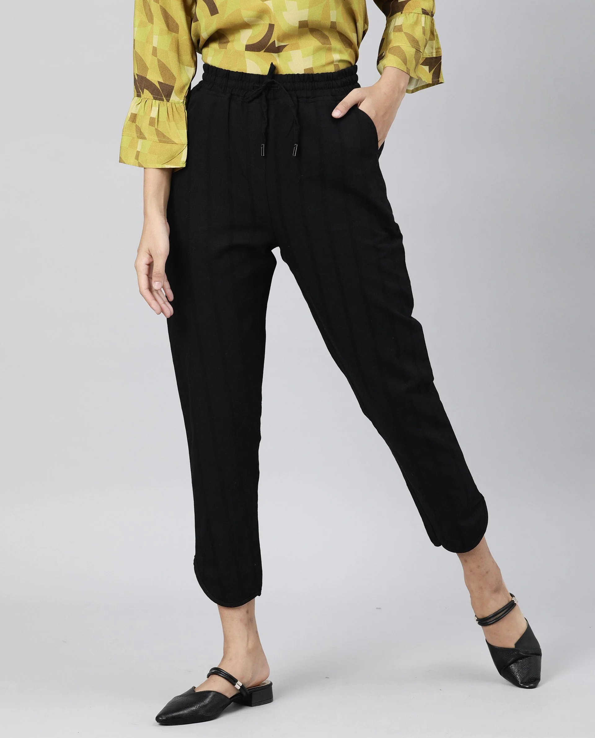 Rareism Womens Dusto Black Trouser Cotton Linen Fabric Ankle Length Regular Fit Elasticated Waistband - Image 5