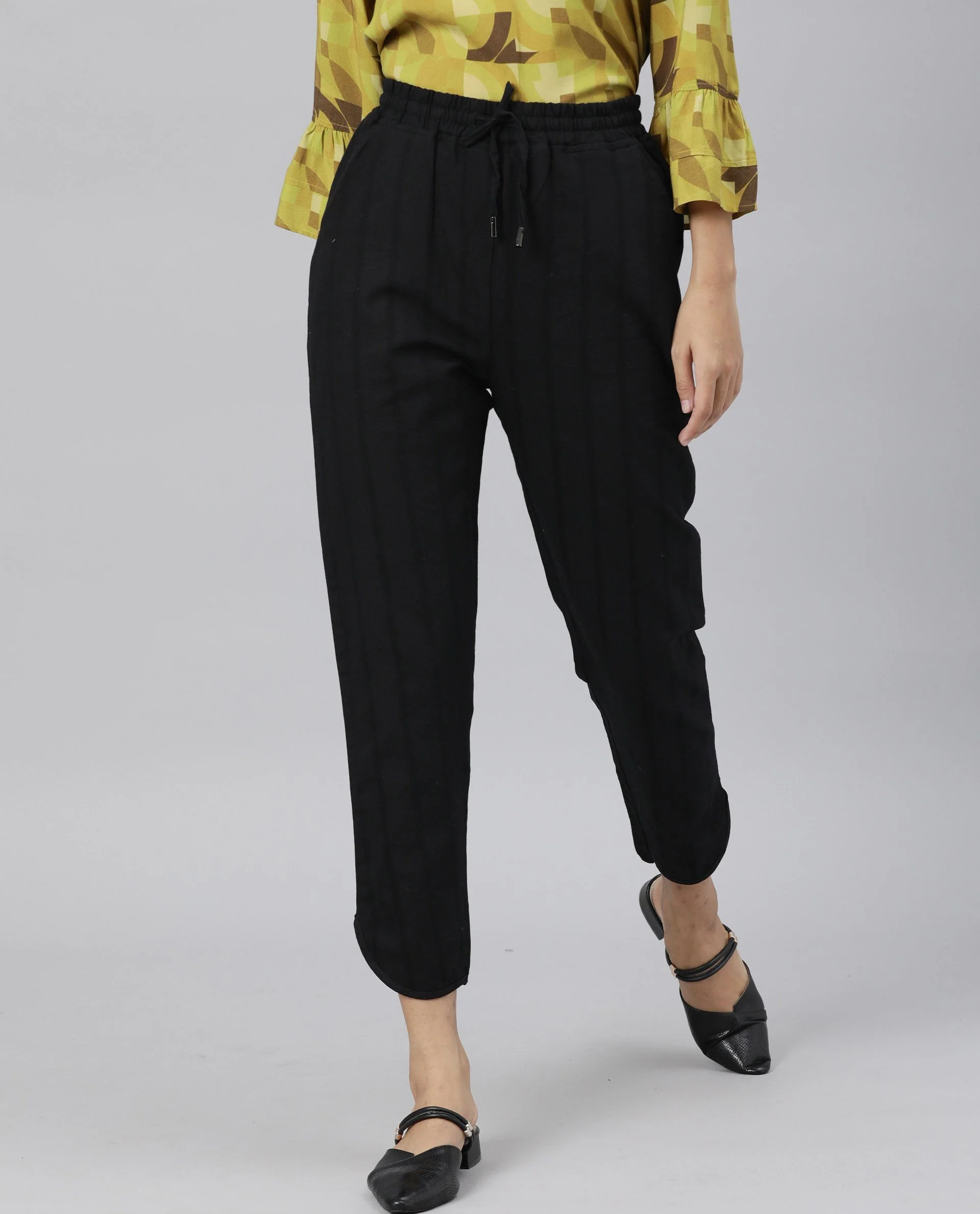 Rareism Womens Dusto Black Trouser Cotton Linen Fabric Ankle Length Regular Fit Elasticated Waistband - Image 6
