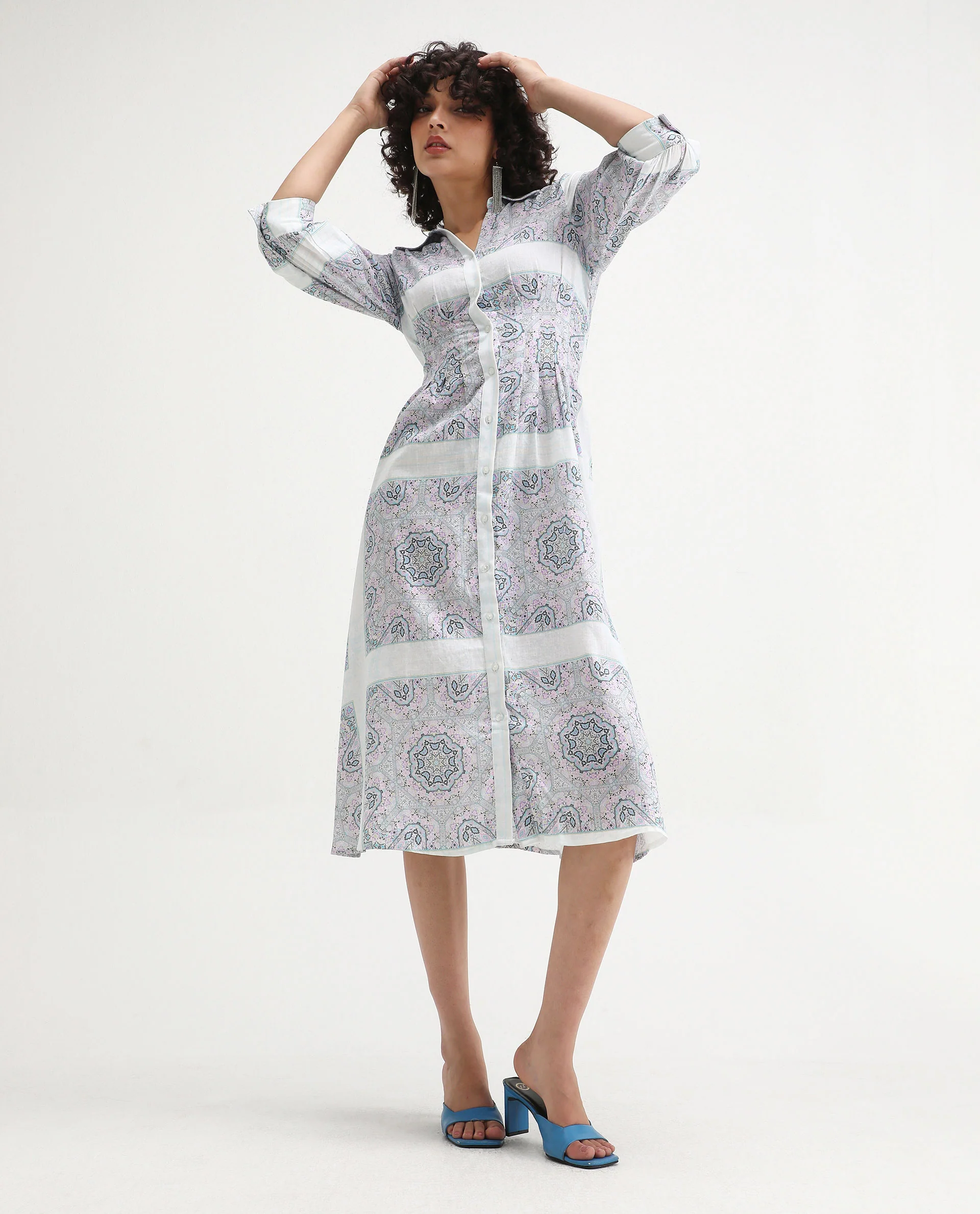 Rareism Women's Dusturn Multi Cotton Blend Drop Collar Bandana Print Cuffed Sleeve Maxi Fit And Flare Dress - Image 2
