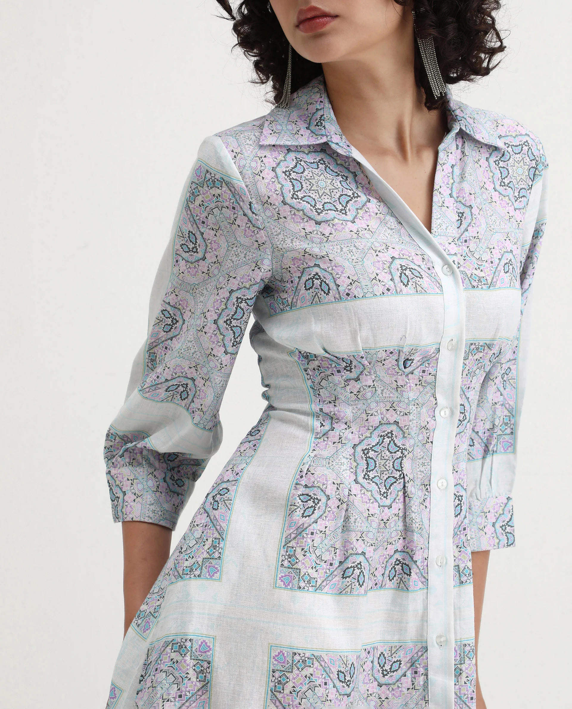 Rareism Women's Dusturn Multi Cotton Blend Drop Collar Bandana Print Cuffed Sleeve Maxi Fit And Flare Dress - Image 4