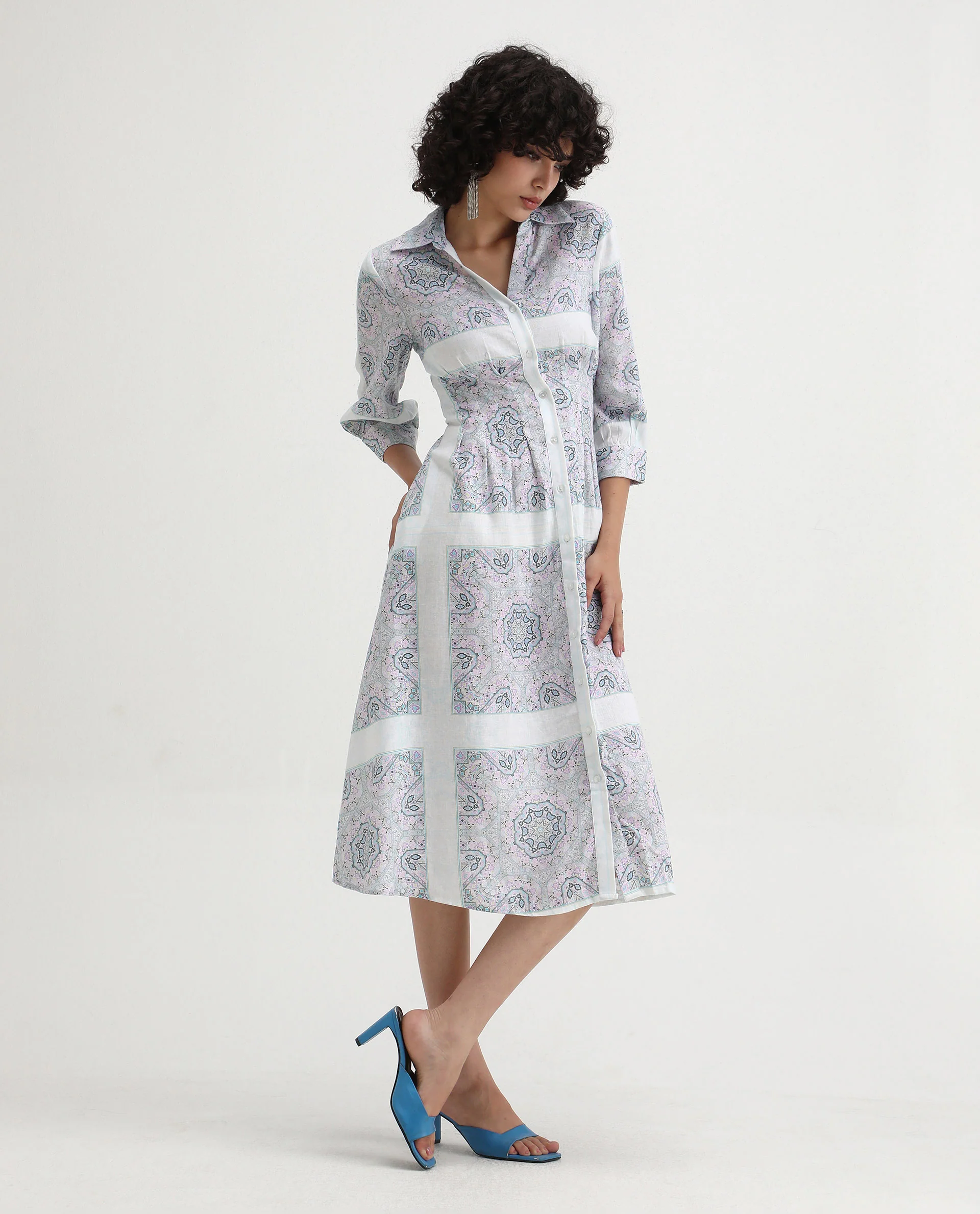 Rareism Women's Dusturn Multi Cotton Blend Drop Collar Bandana Print Cuffed Sleeve Maxi Fit And Flare Dress - Image 7