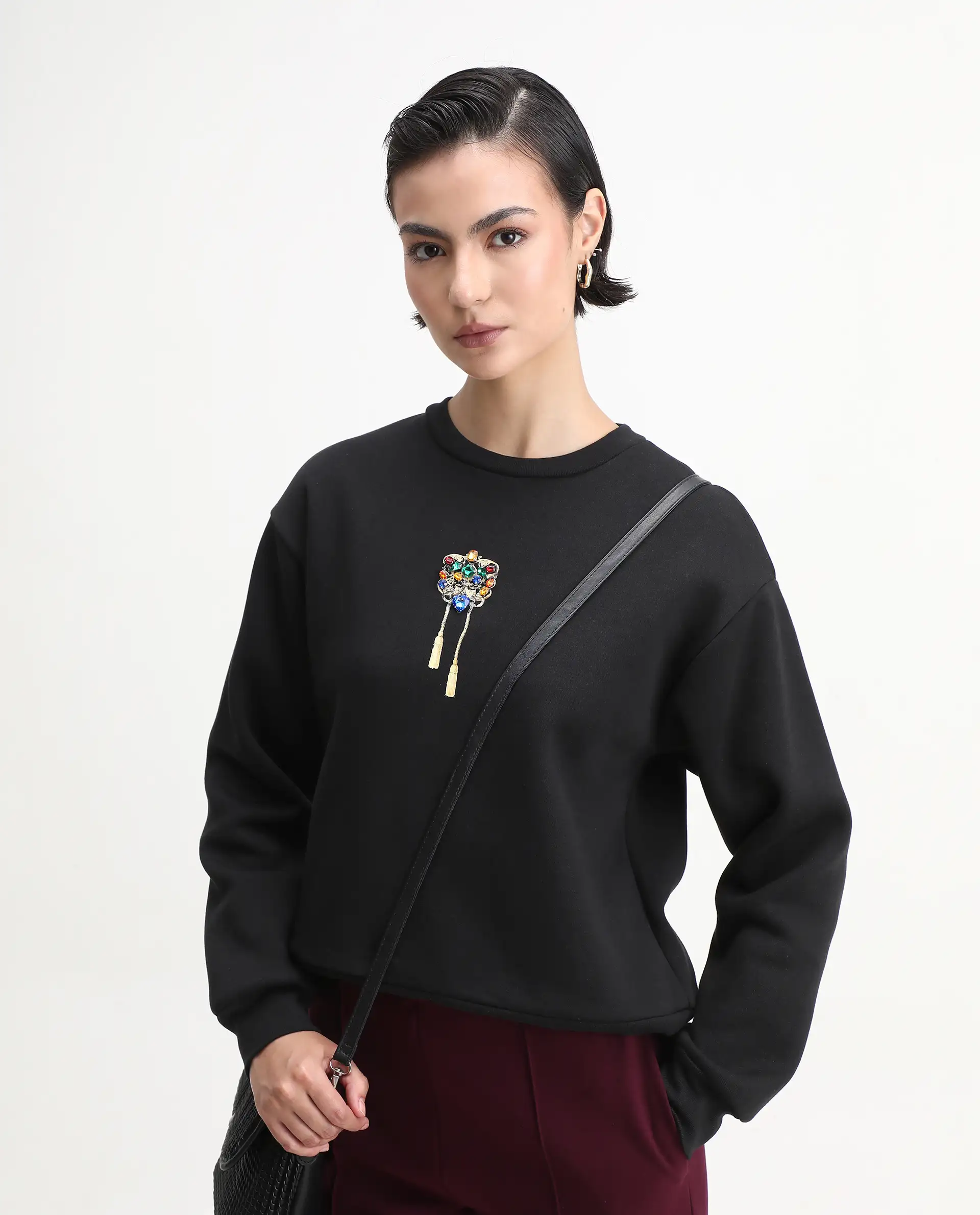 Rareism Women's Duth Black Cotton Blend Crew Neck Regular Fit Printed Sweatshirt - Image 2