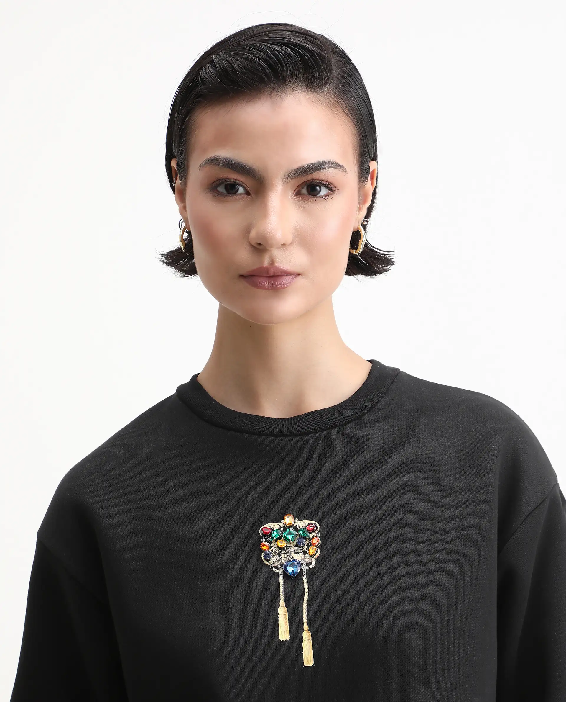 Rareism Women's Duth Black Cotton Blend Crew Neck Regular Fit Printed Sweatshirt - Image 3