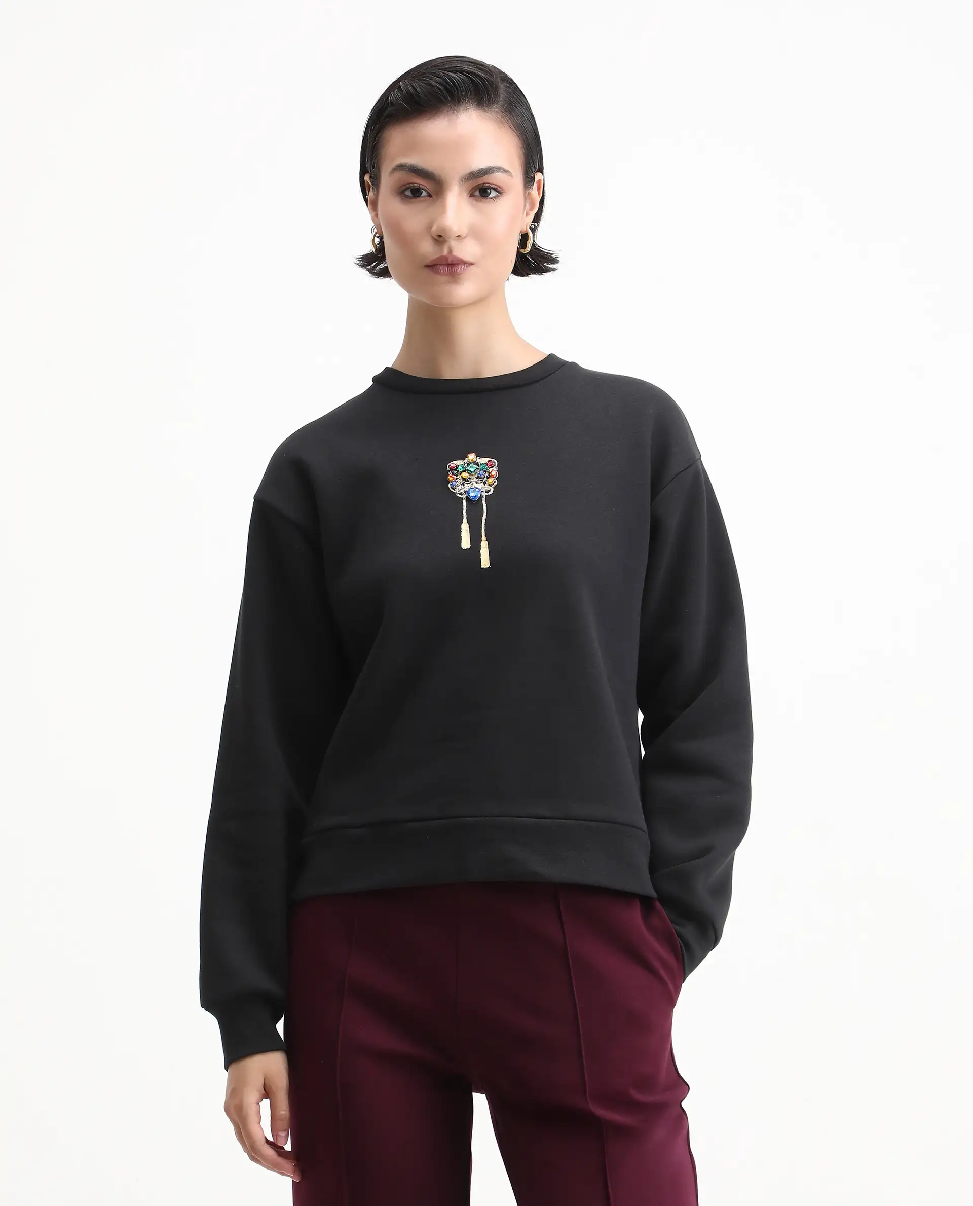 Rareism Women's Duth Black Cotton Blend Crew Neck Regular Fit Printed Sweatshirt - Image 4