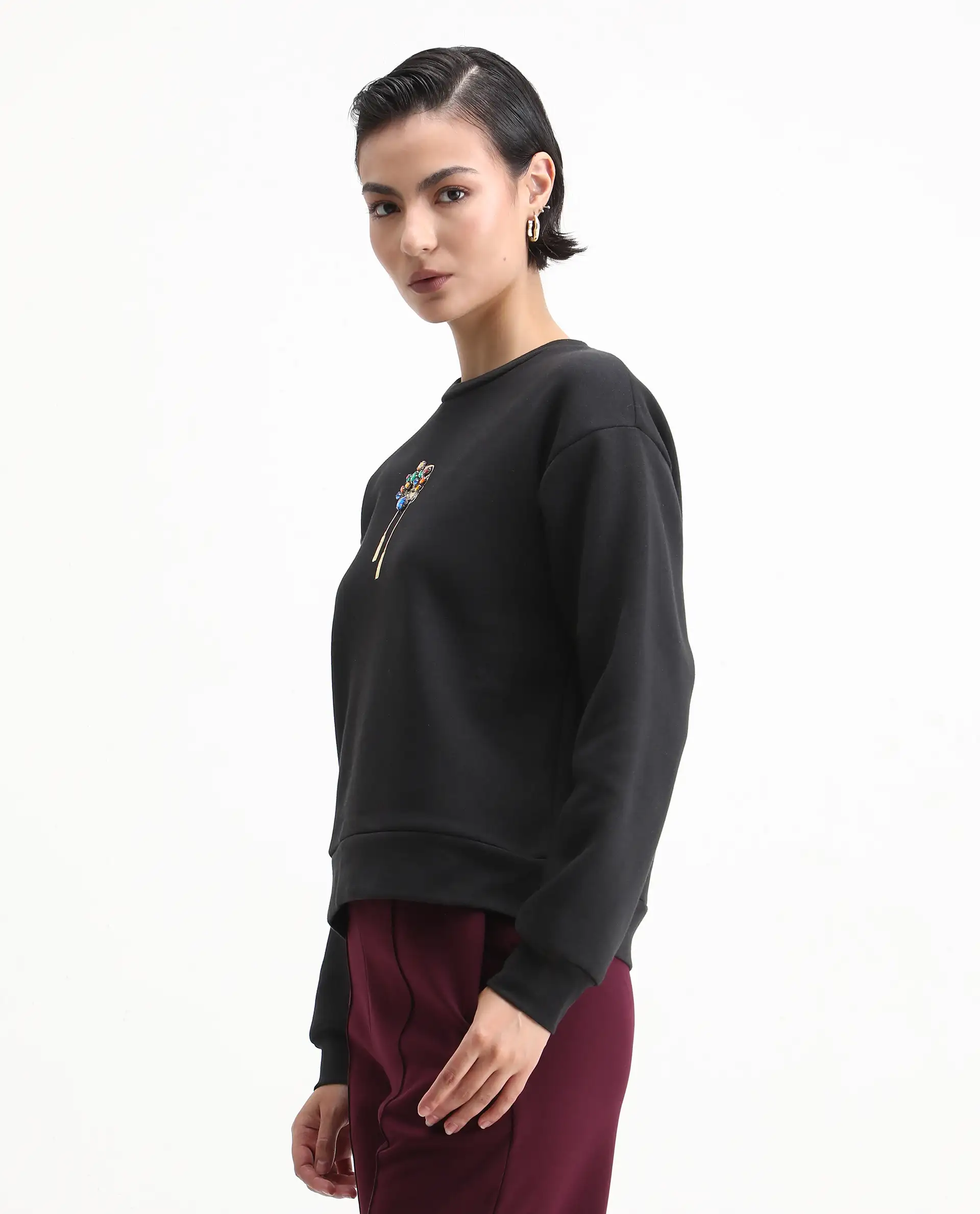 Rareism Women's Duth Black Cotton Blend Crew Neck Regular Fit Printed Sweatshirt - Image 5