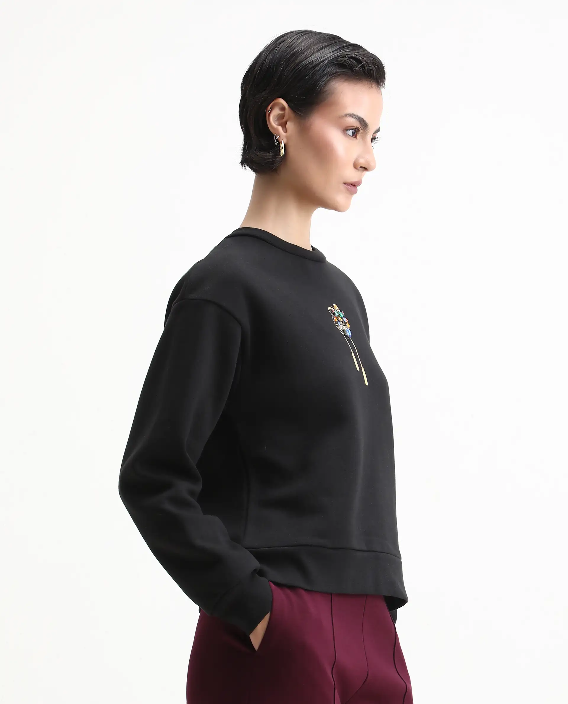 Rareism Women's Duth Black Cotton Blend Crew Neck Regular Fit Printed Sweatshirt - Image 6