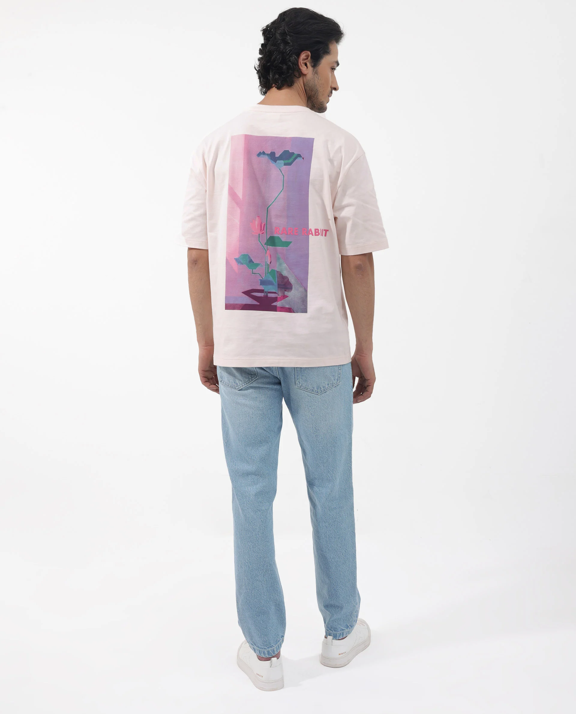 Rare Rabbit Articale Men's Dutton Pink Cotton Polyester Fabric Crew Neck Oversized Fit Graphic Print T-Shirt - Image 3
