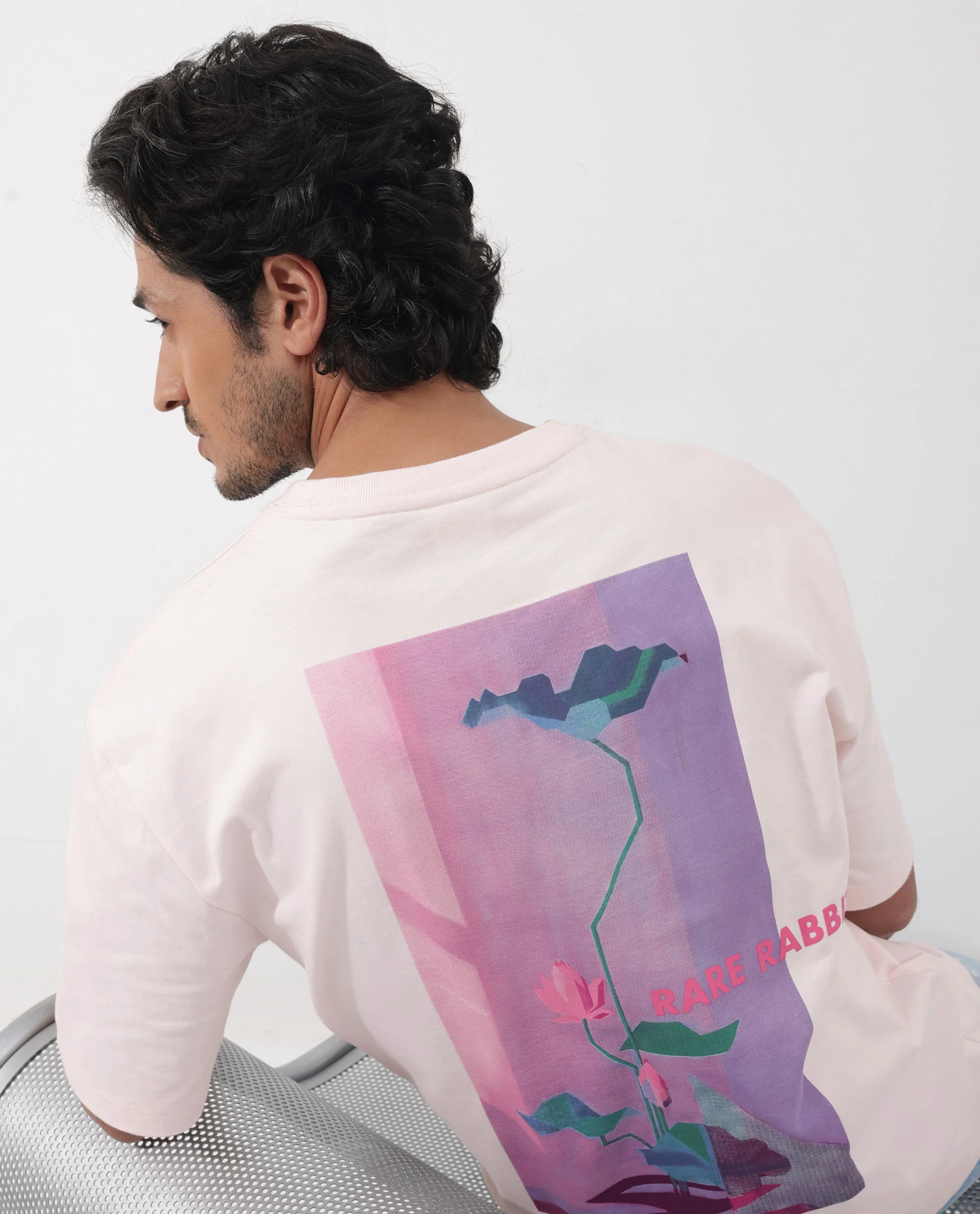 Rare Rabbit Articale Men's Dutton Pink Cotton Polyester Fabric Crew Neck Oversized Fit Graphic Print T-Shirt - Image 4