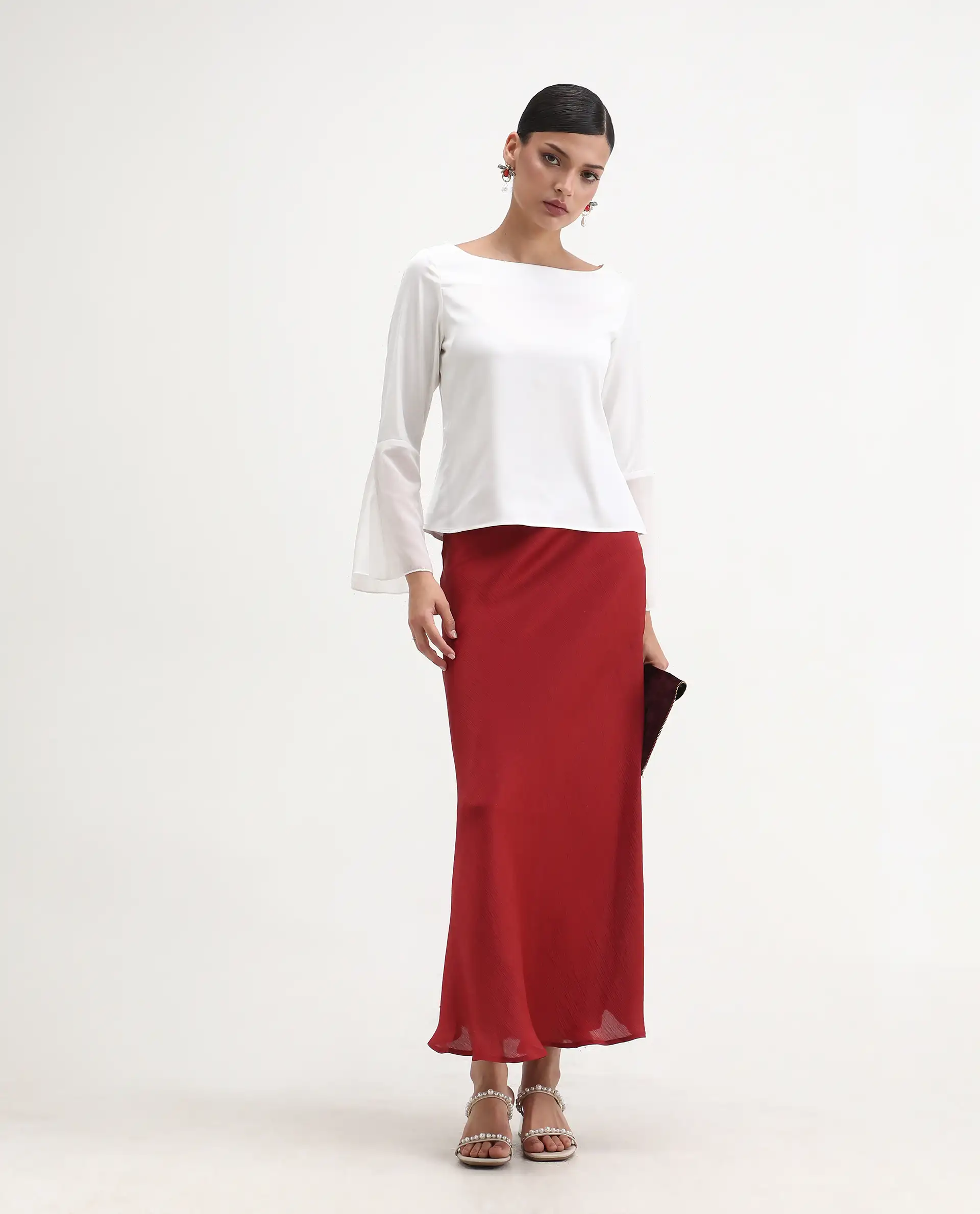 Rareism Women's Duvall White Polyester Blend Boat Neck Plain Bell Sleeve Regular Fit Top - Image 2