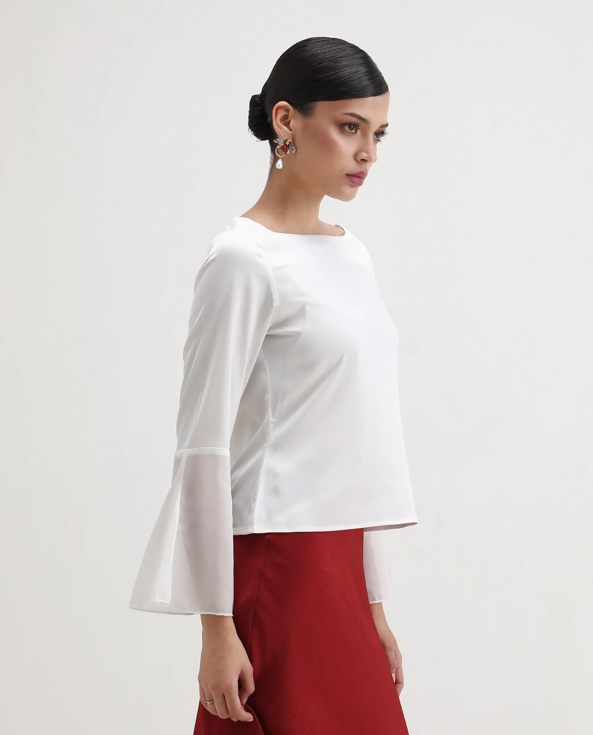 Rareism Women's Duvall White Polyester Blend Boat Neck Plain Bell Sleeve Regular Fit Top - Image 5