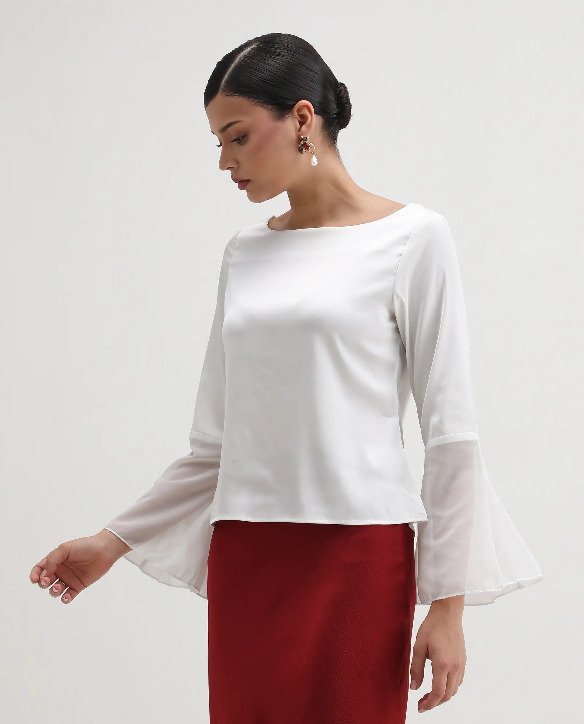 Rareism Women's Duvall White Polyester Blend Boat Neck Plain Bell Sleeve Regular Fit Top - Image 6