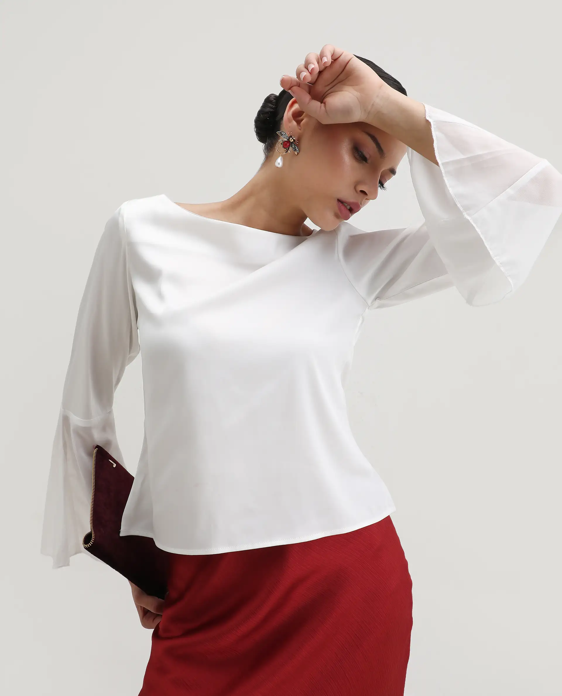Rareism Women's Duvall White Polyester Blend Boat Neck Plain Bell Sleeve Regular Fit Top - Image 7