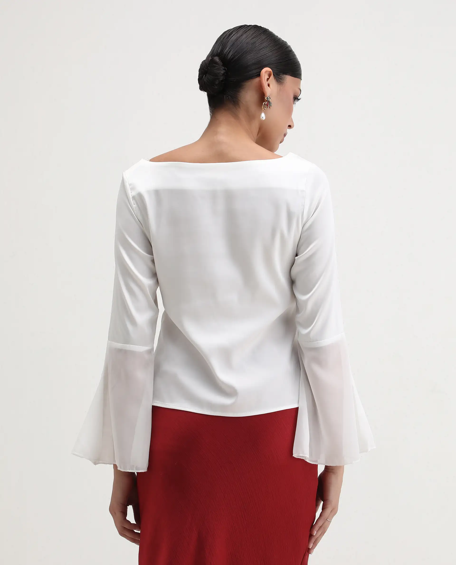 Rareism Women's Duvall White Polyester Blend Boat Neck Plain Bell Sleeve Regular Fit Top - Image 8