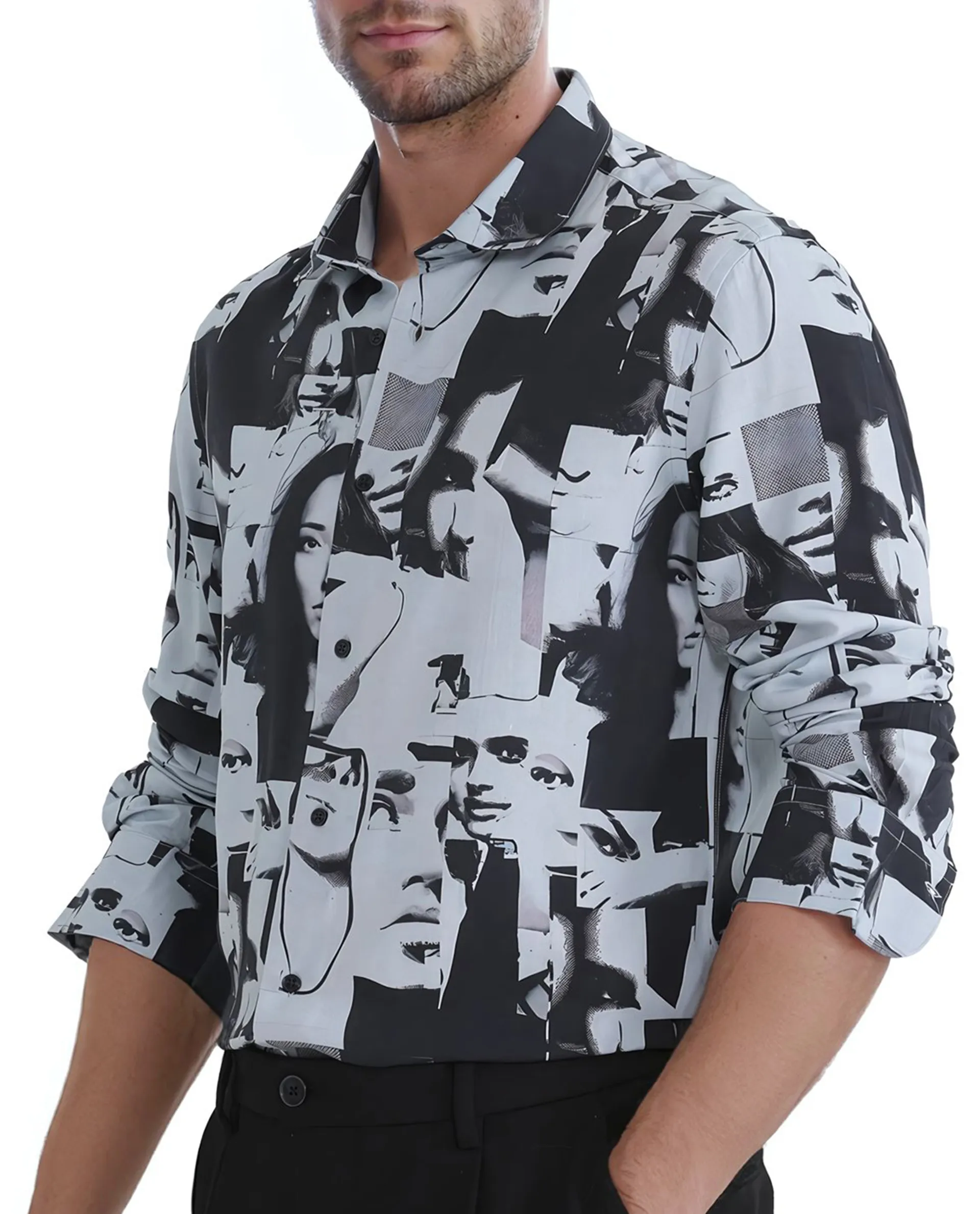 Rare Rabbit Men's Duval Ls Grey Viscose Abstract Print Regular Fit Full Sleeve Collared Shirt - Image 3