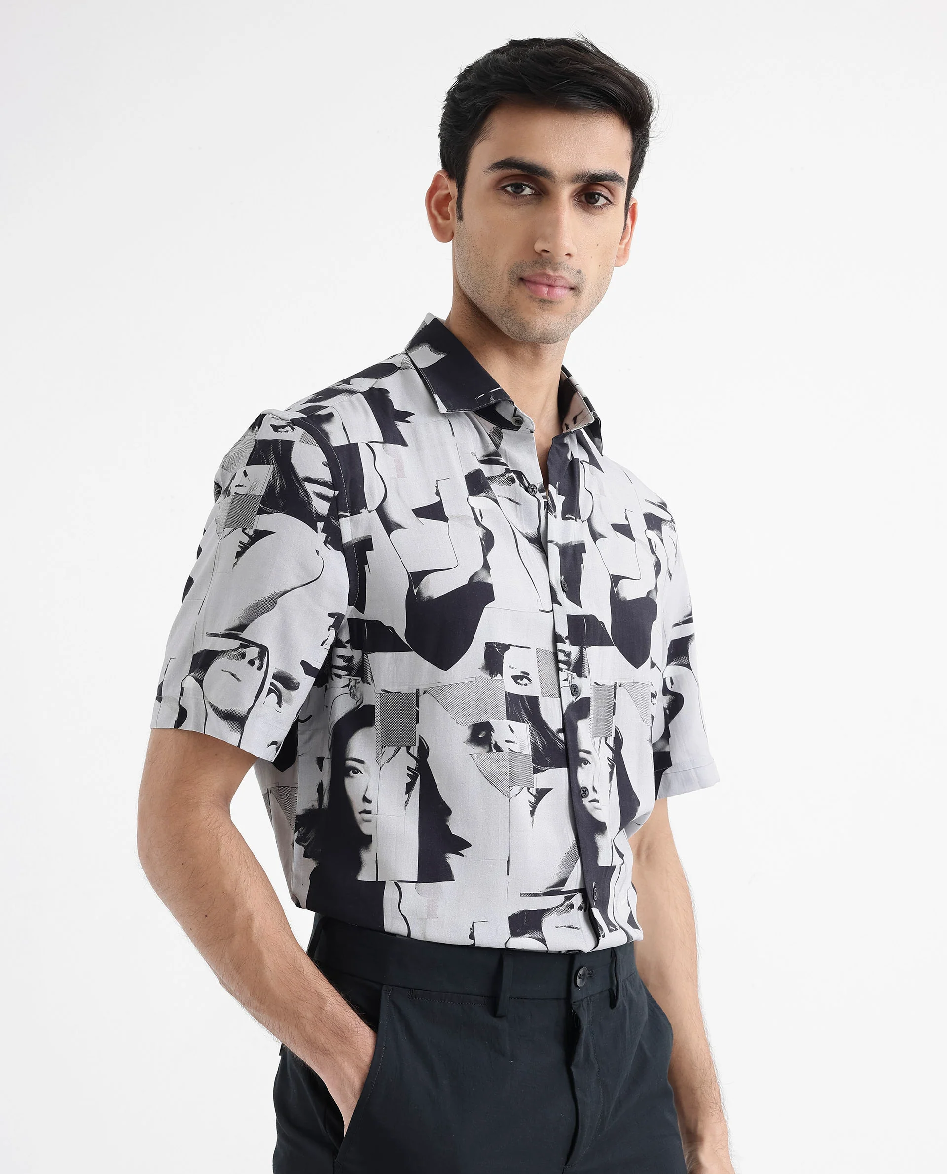 Rare Rabbit Men's Duval Ss Grey Viscose Abstract Print Boxy Fit Half Sleeve Collared Shirt - Image 3