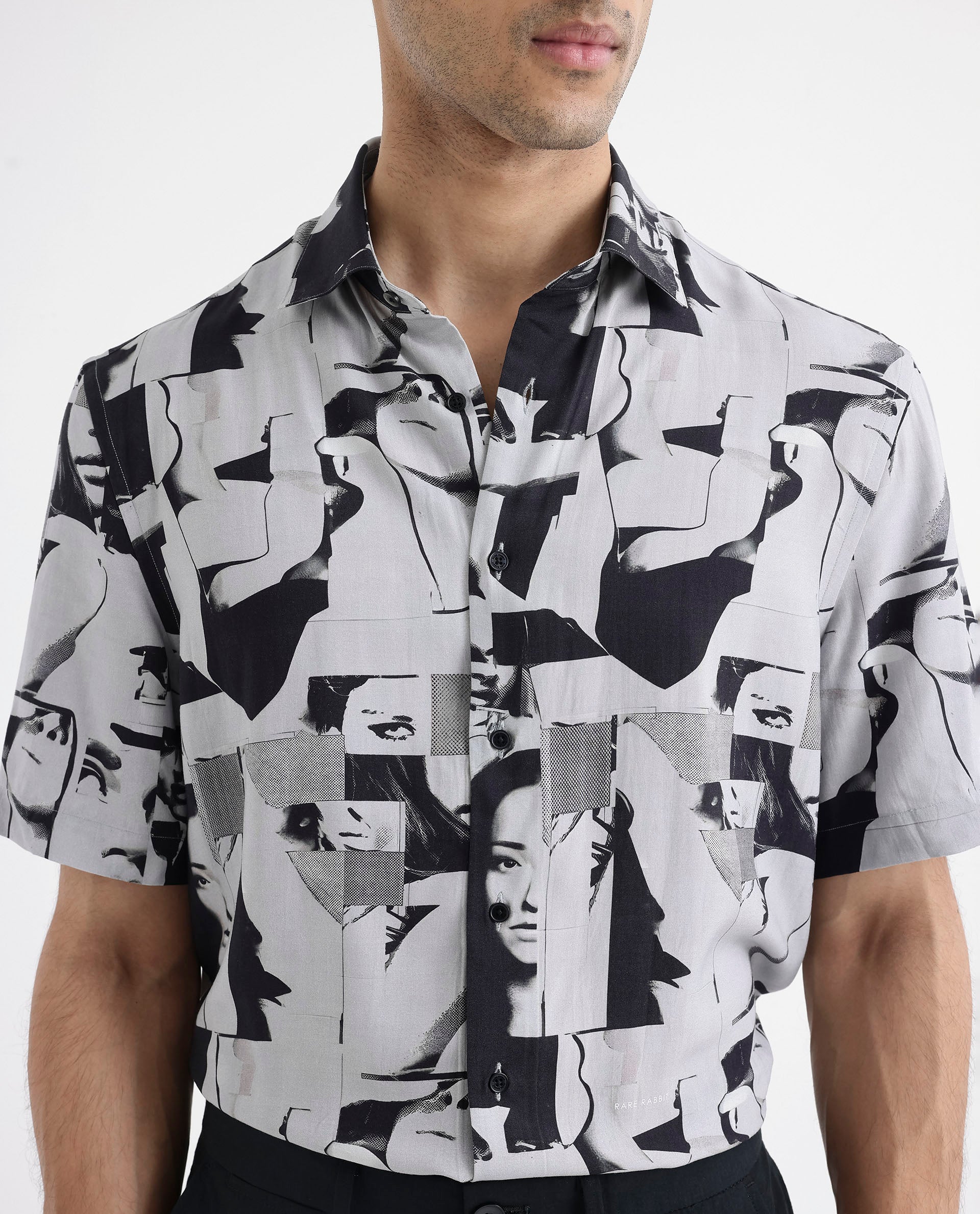 Rare Rabbit Men's Duval Ss Grey Viscose Abstract Print Boxy Fit Half Sleeve Collared Shirt - Image 4