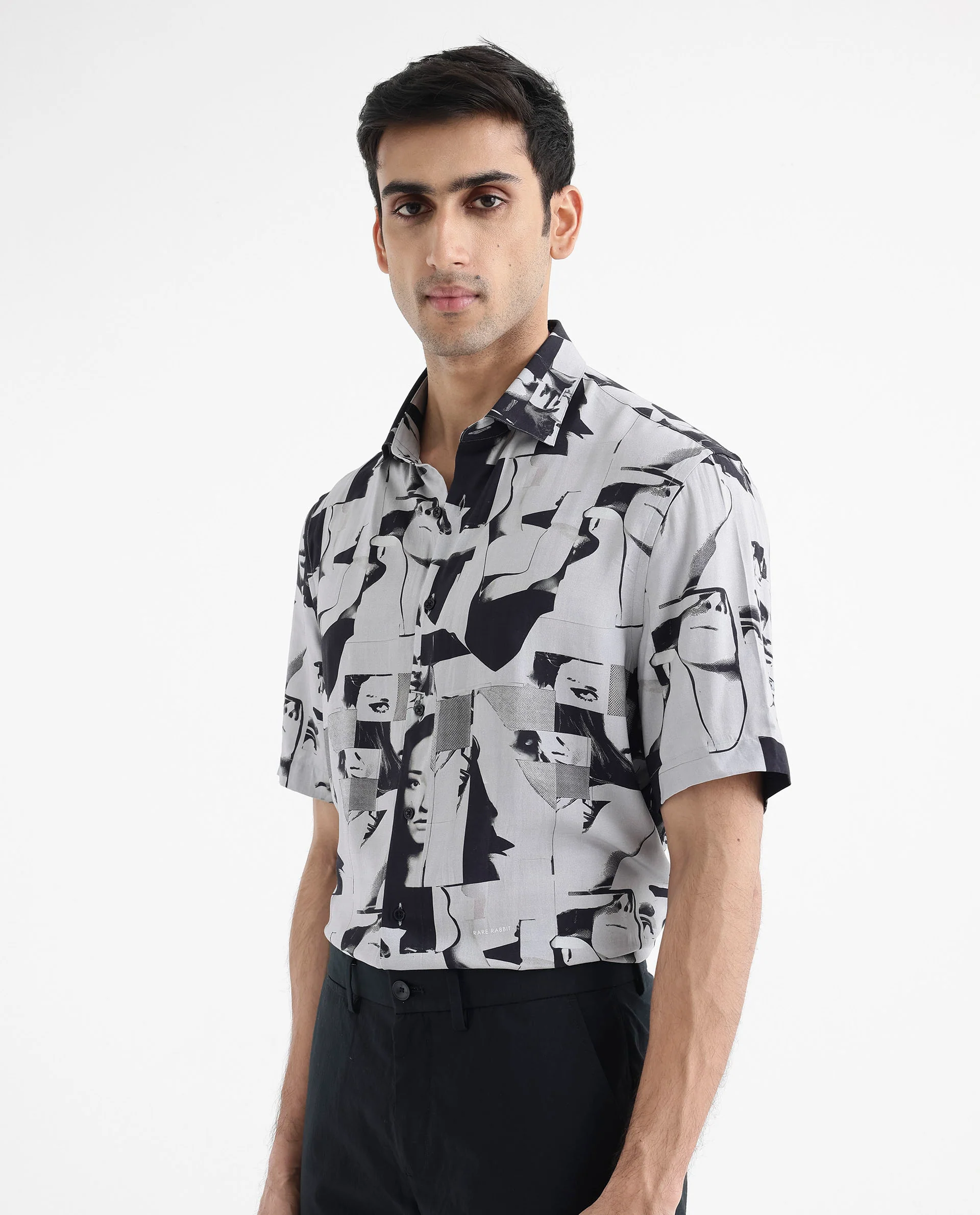 Rare Rabbit Men's Duval Ss Grey Viscose Abstract Print Boxy Fit Half Sleeve Collared Shirt - Image 7