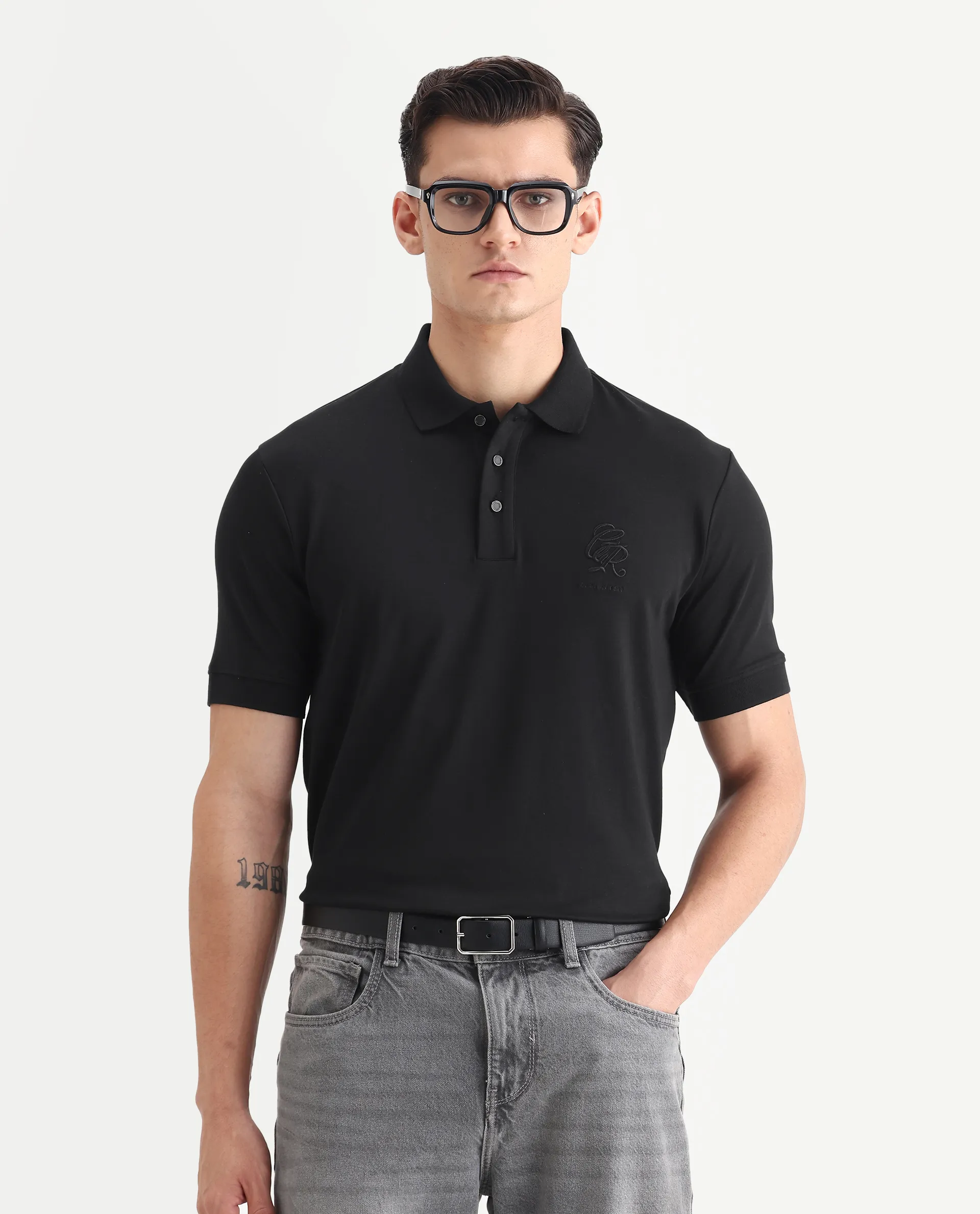 Rare Rabbit Men's Dwet Black Cotton Blend Fabric Half Sleeve Spread Collar Plain Polo