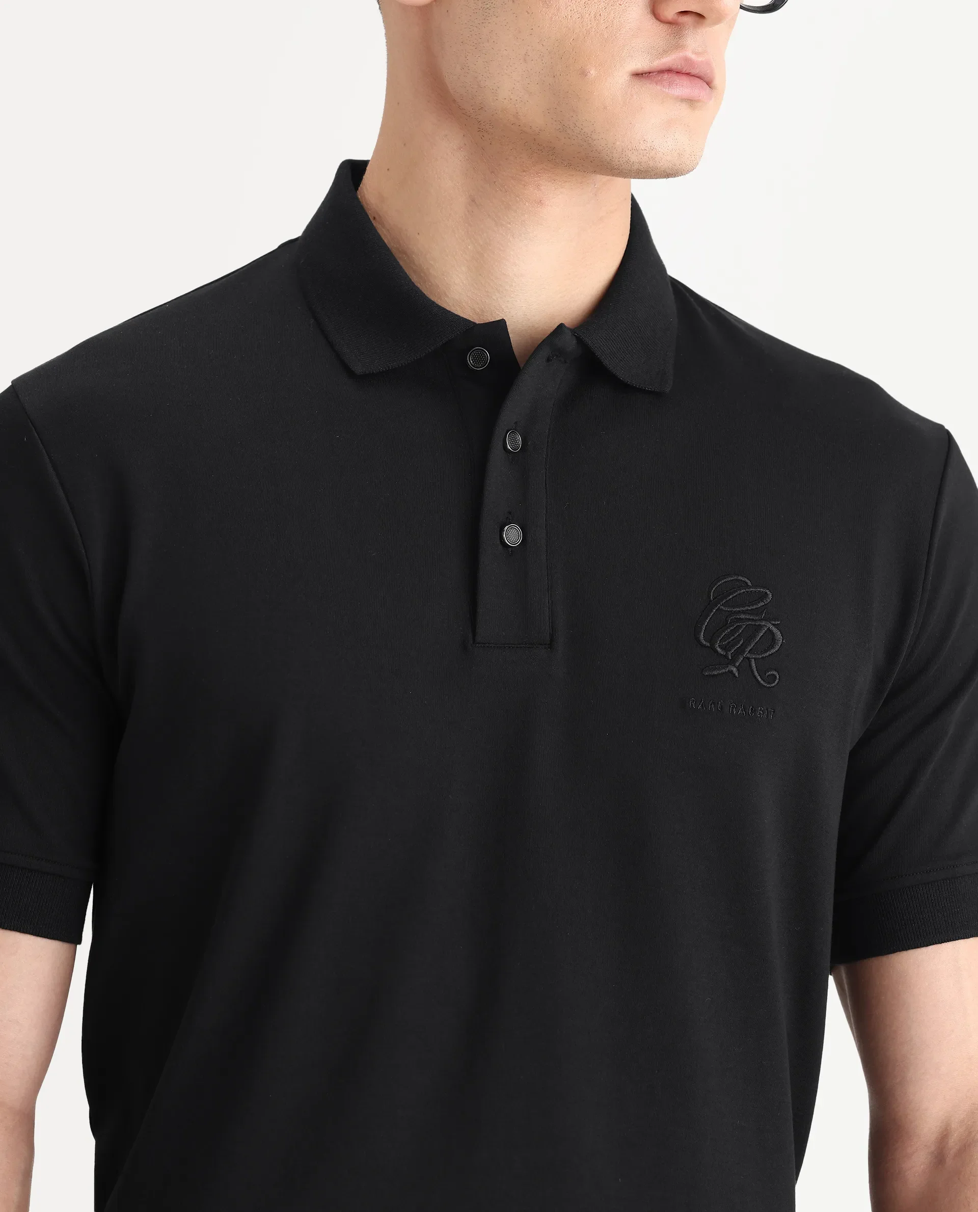 Rare Rabbit Men's Dwet Black Cotton Blend Fabric Half Sleeve Spread Collar Plain Polo - Image 3