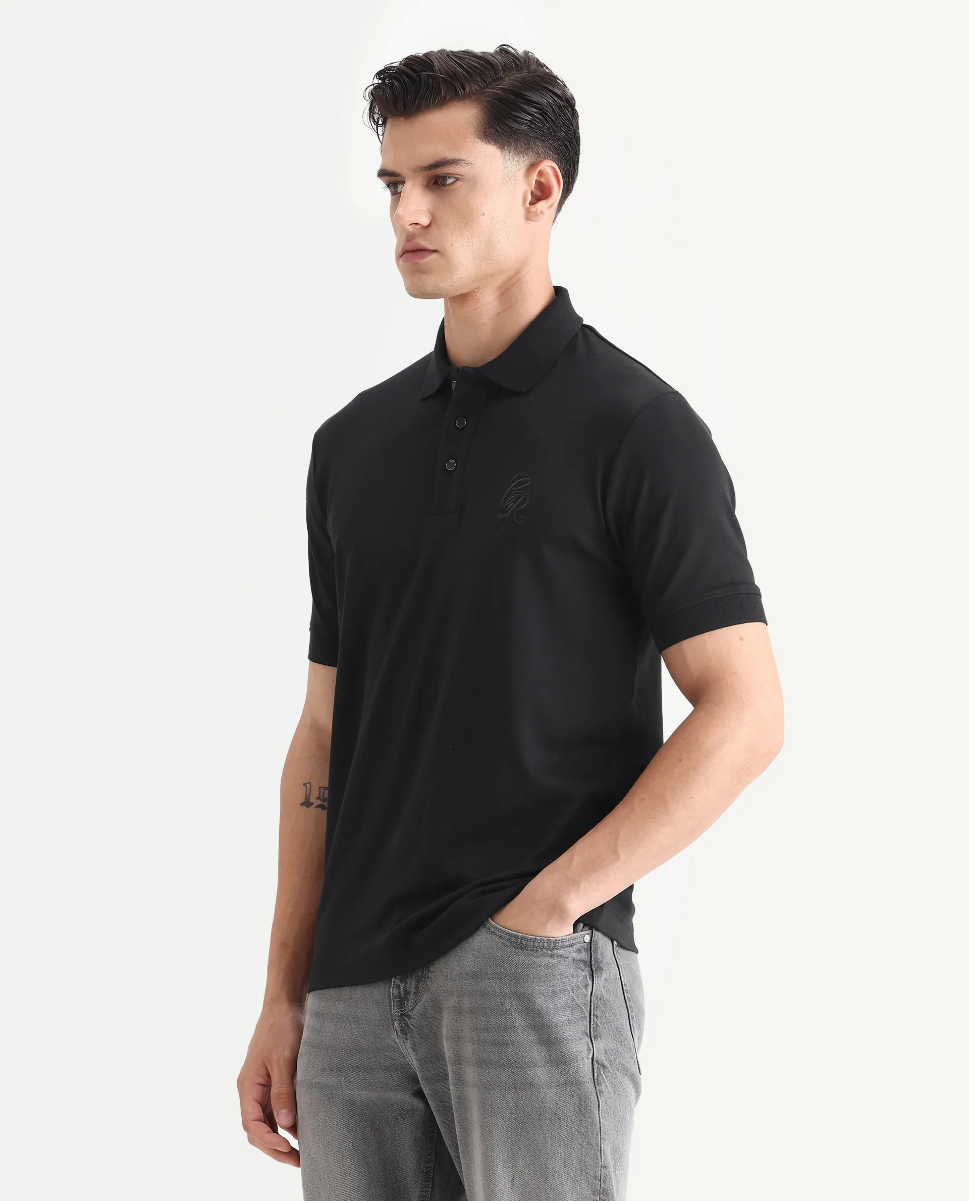 Rare Rabbit Men's Dwet Black Cotton Blend Fabric Half Sleeve Spread Collar Plain Polo - Image 4