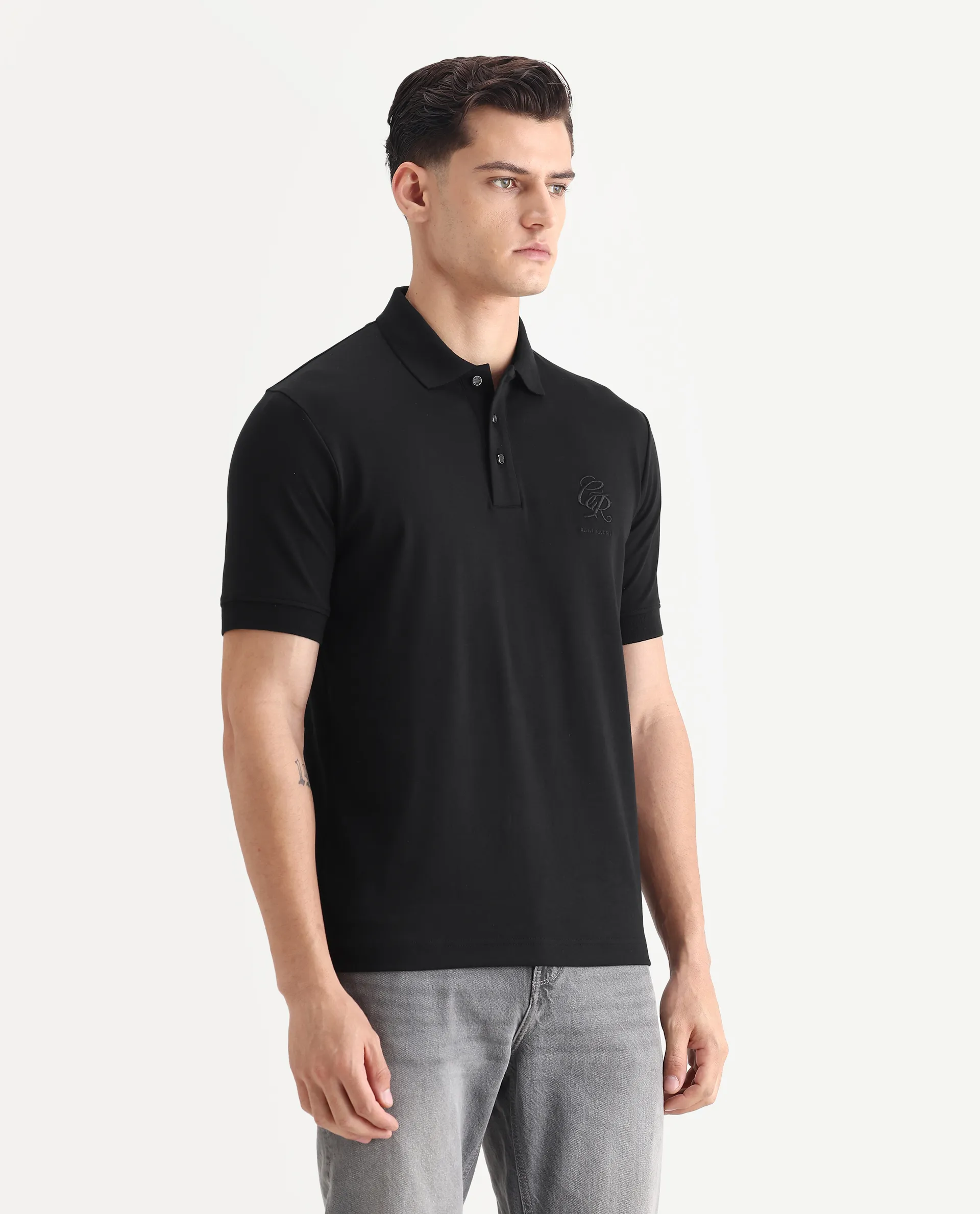 Rare Rabbit Men's Dwet Black Cotton Blend Fabric Half Sleeve Spread Collar Plain Polo - Image 5