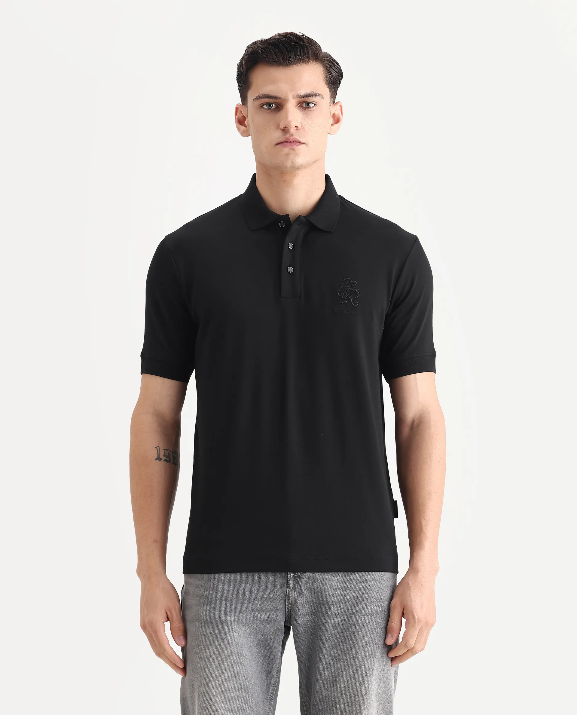 Rare Rabbit Men's Dwet Black Cotton Blend Fabric Half Sleeve Spread Collar Plain Polo - Image 6