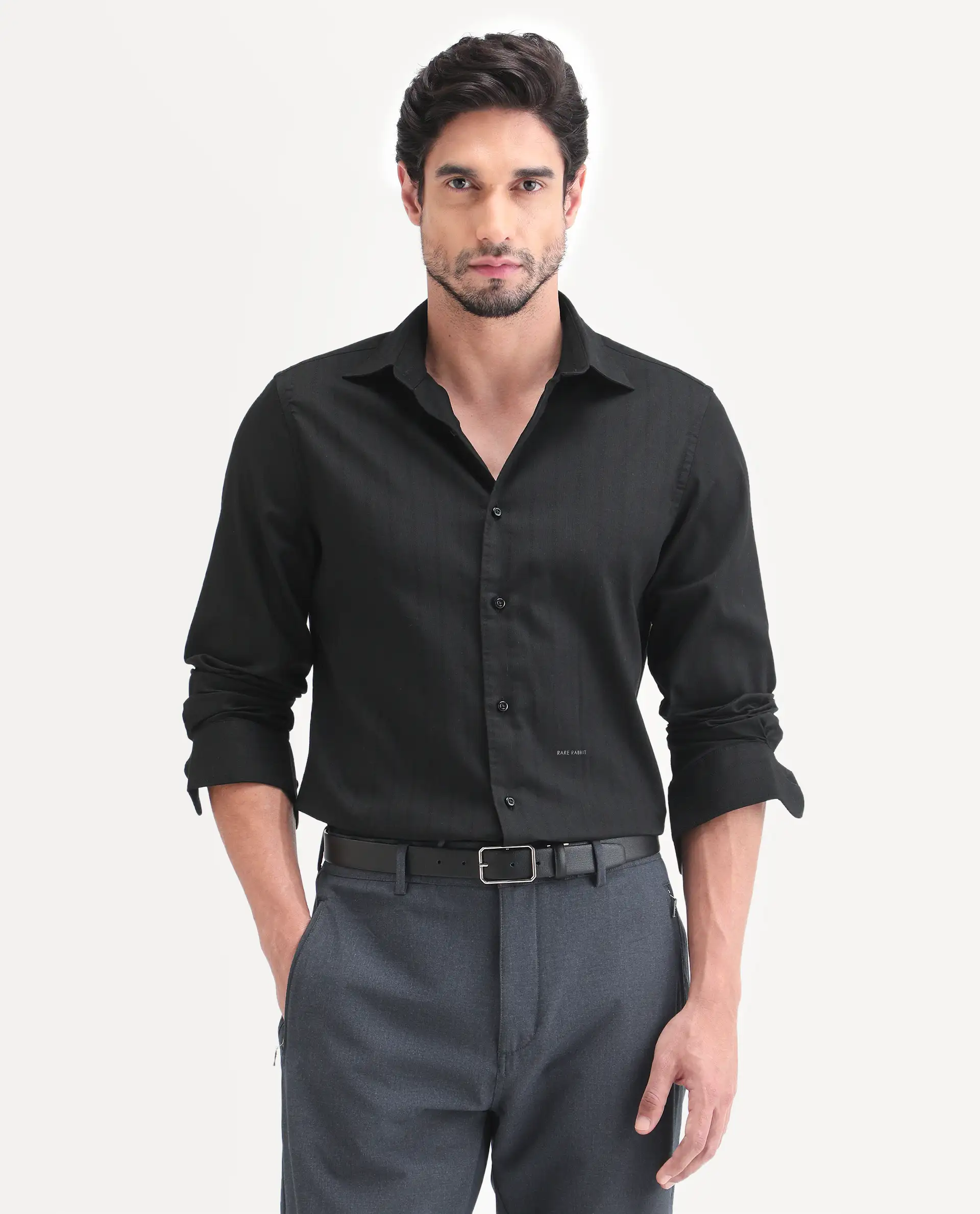 Rare Rabbit Men's Dyke Dark Black Cotton Blend Fabric Full Sleeve Spread Collar Regular Fit Shirt - Image 4