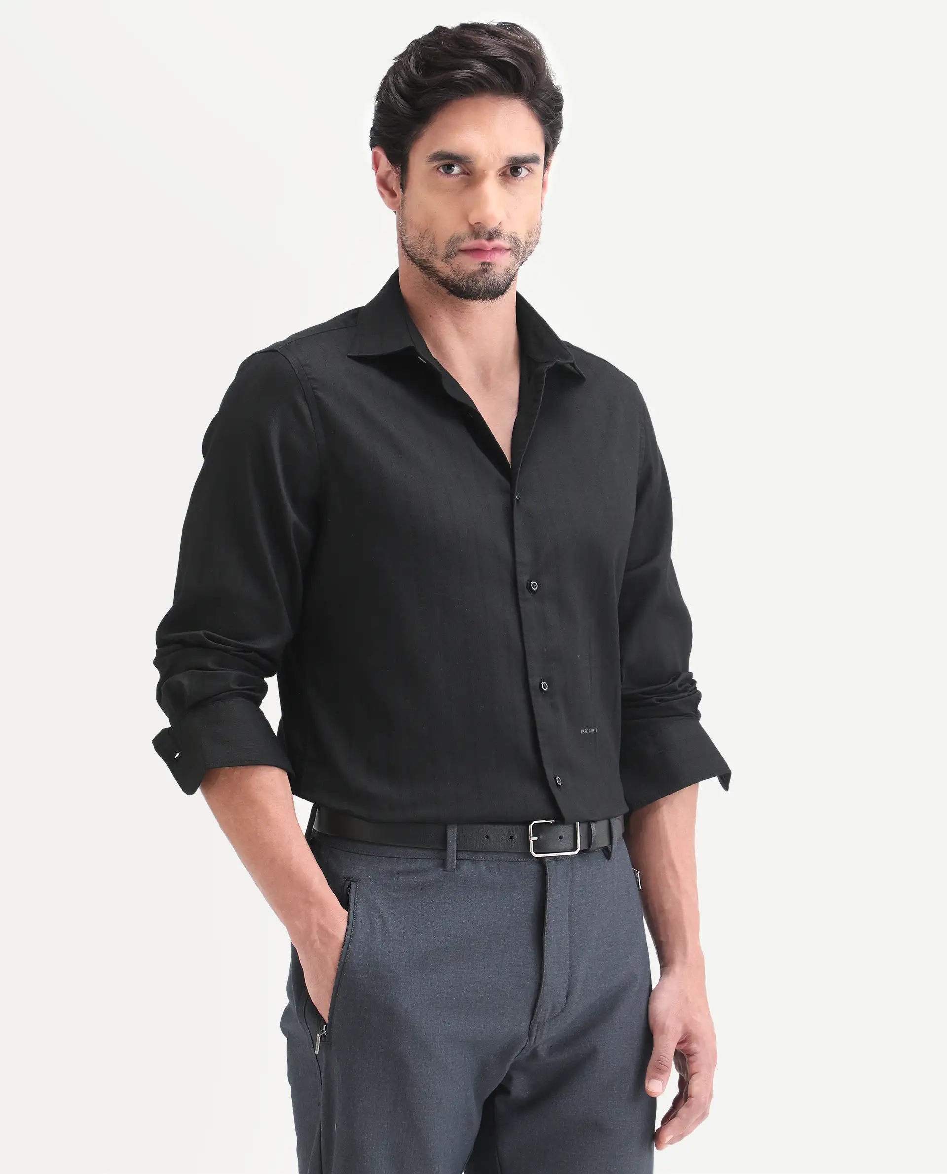 Rare Rabbit Men's Dyke Dark Black Cotton Blend Fabric Full Sleeve Spread Collar Regular Fit Shirt - Image 5