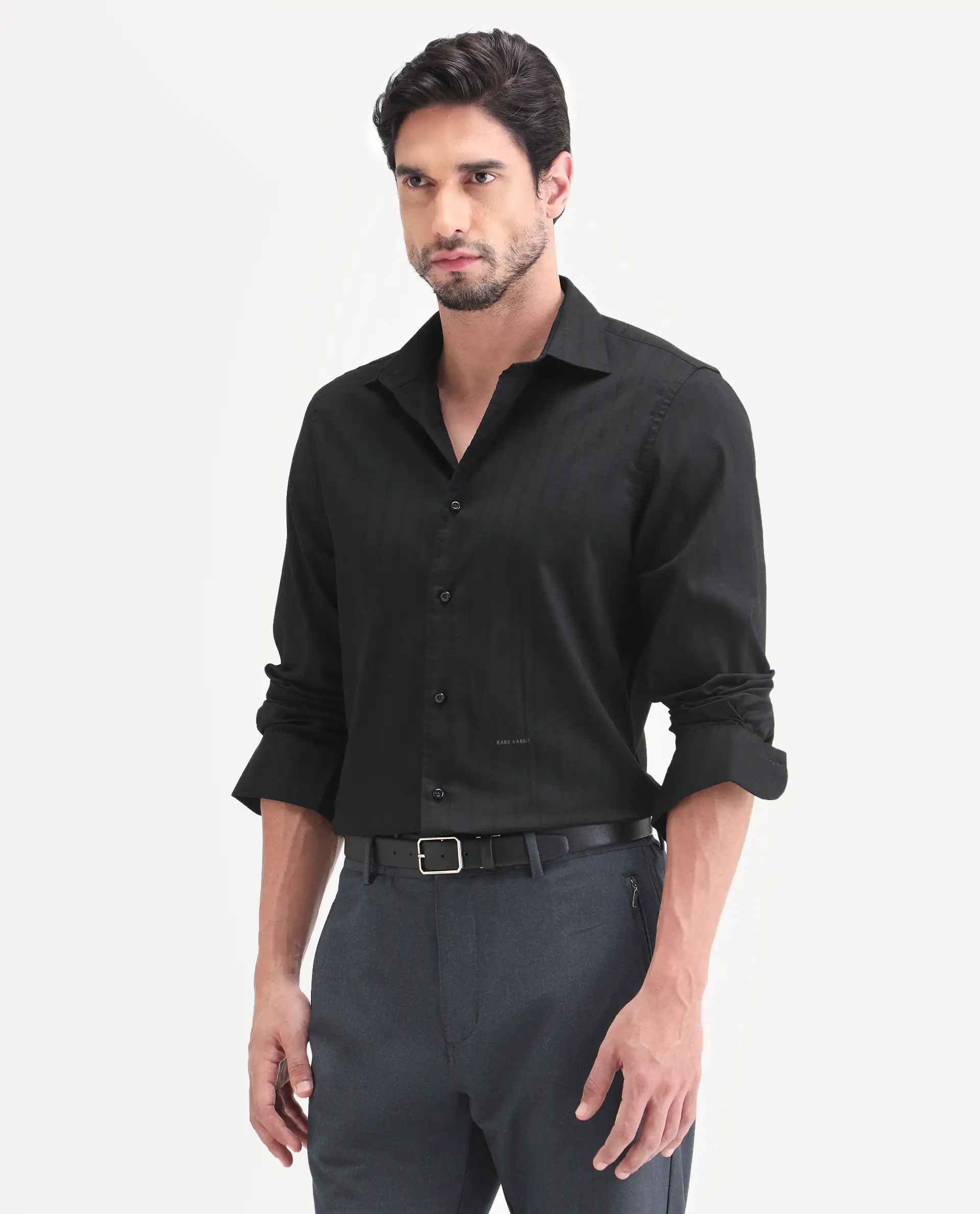 Rare Rabbit Men's Dyke Dark Black Cotton Blend Fabric Full Sleeve Spread Collar Regular Fit Shirt - Image 6