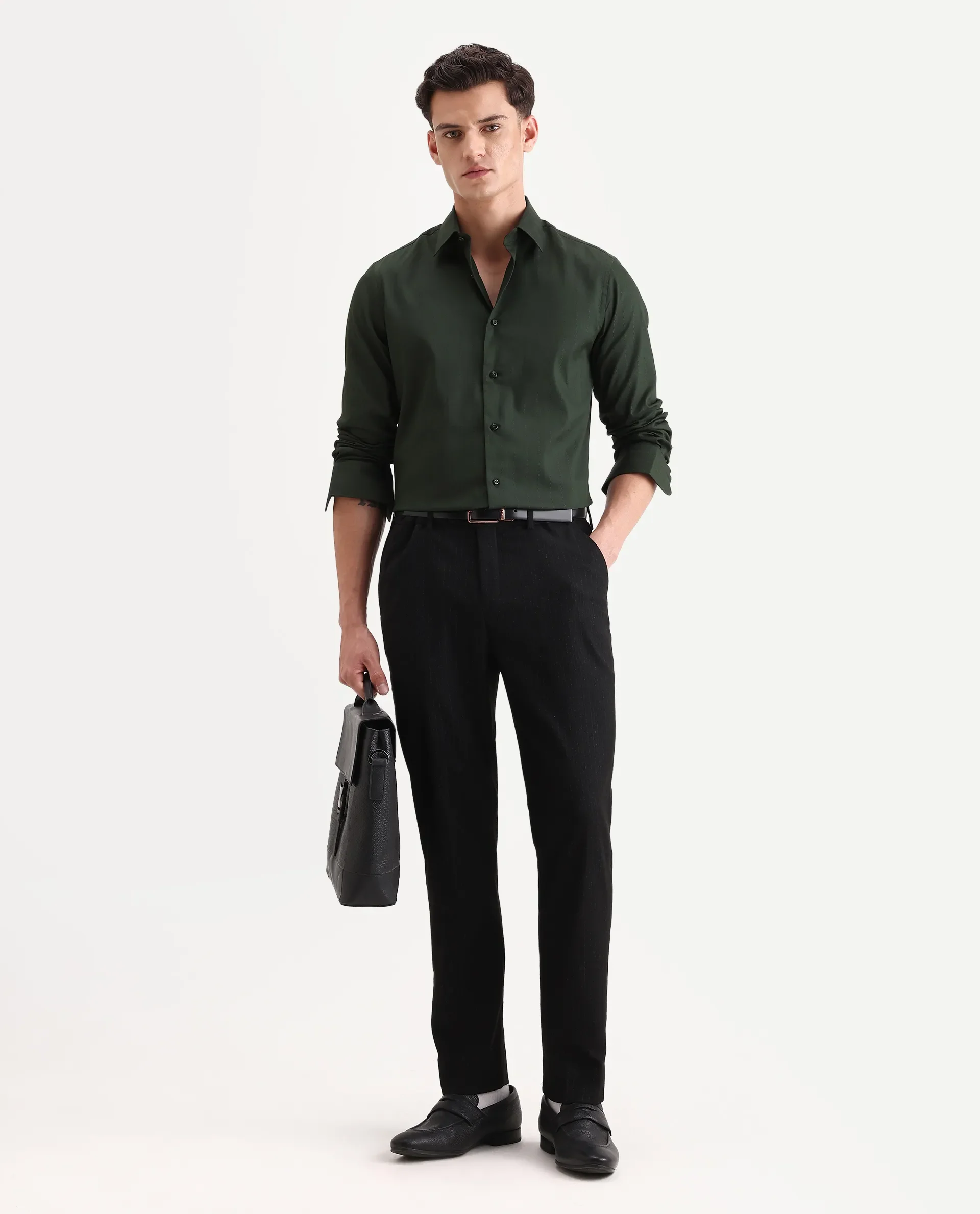 Rare Rabbit Men's Dyke Dark Green Cotton Blend Fabric Spread Collar Regular Fit Striped Shirt - Image 2