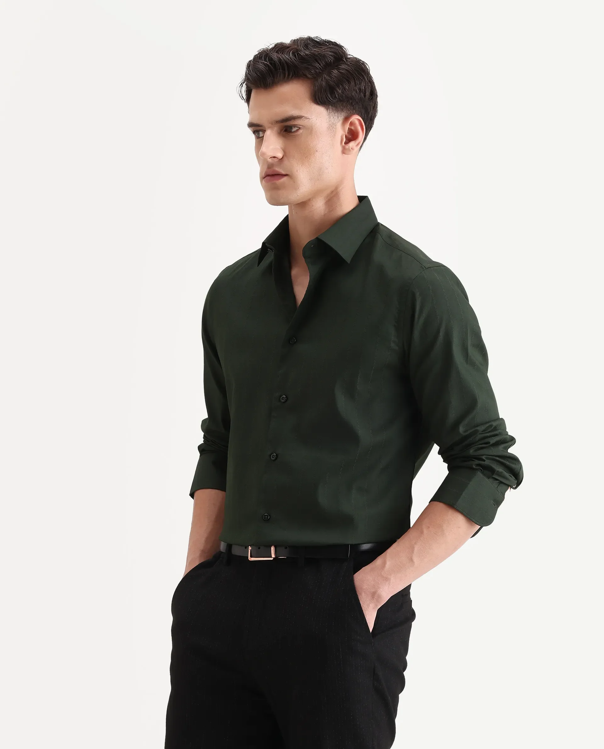 Rare Rabbit Men's Dyke Dark Green Cotton Blend Fabric Spread Collar Regular Fit Striped Shirt - Image 5