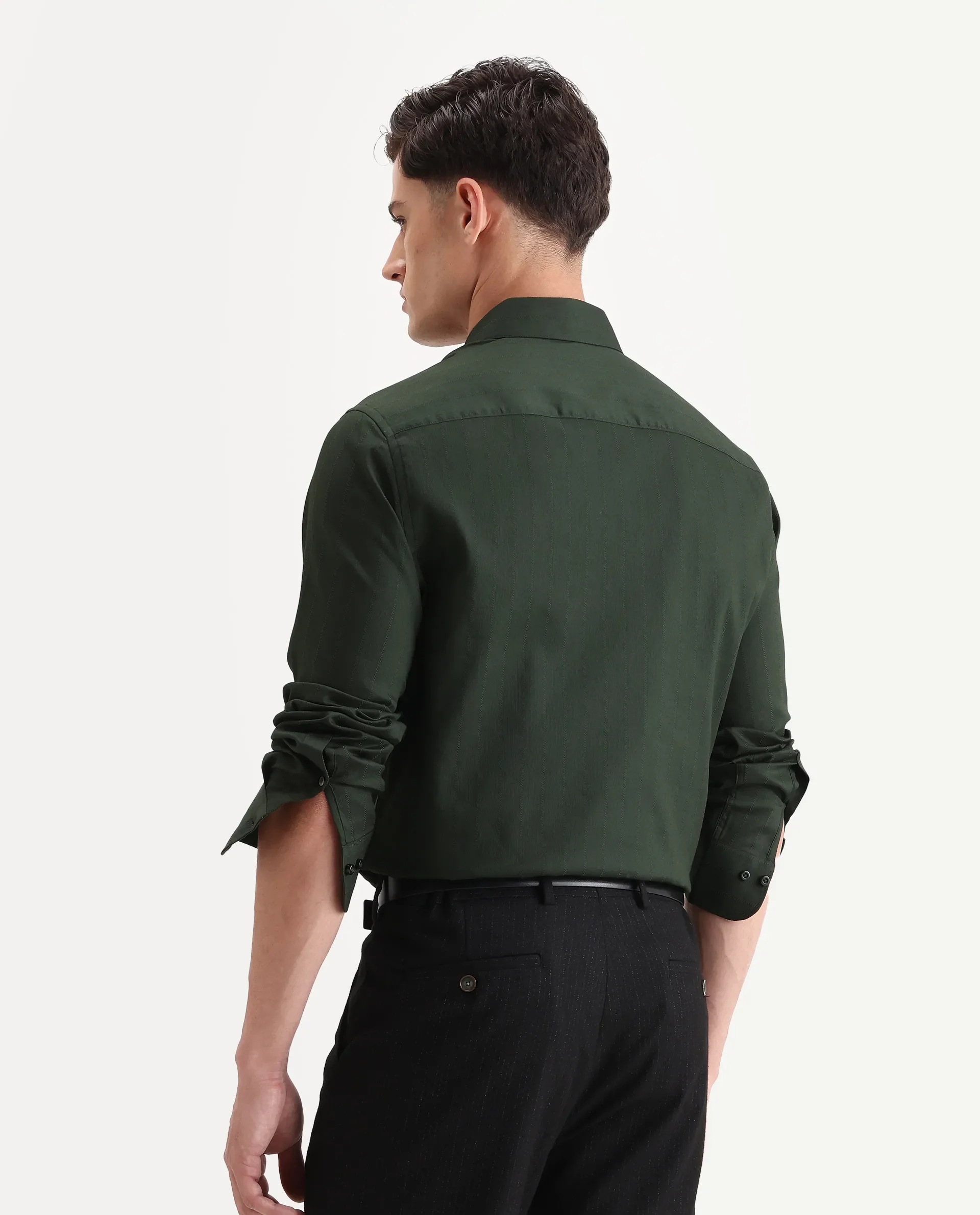 Rare Rabbit Men's Dyke Dark Green Cotton Blend Fabric Spread Collar Regular Fit Striped Shirt - Image 7