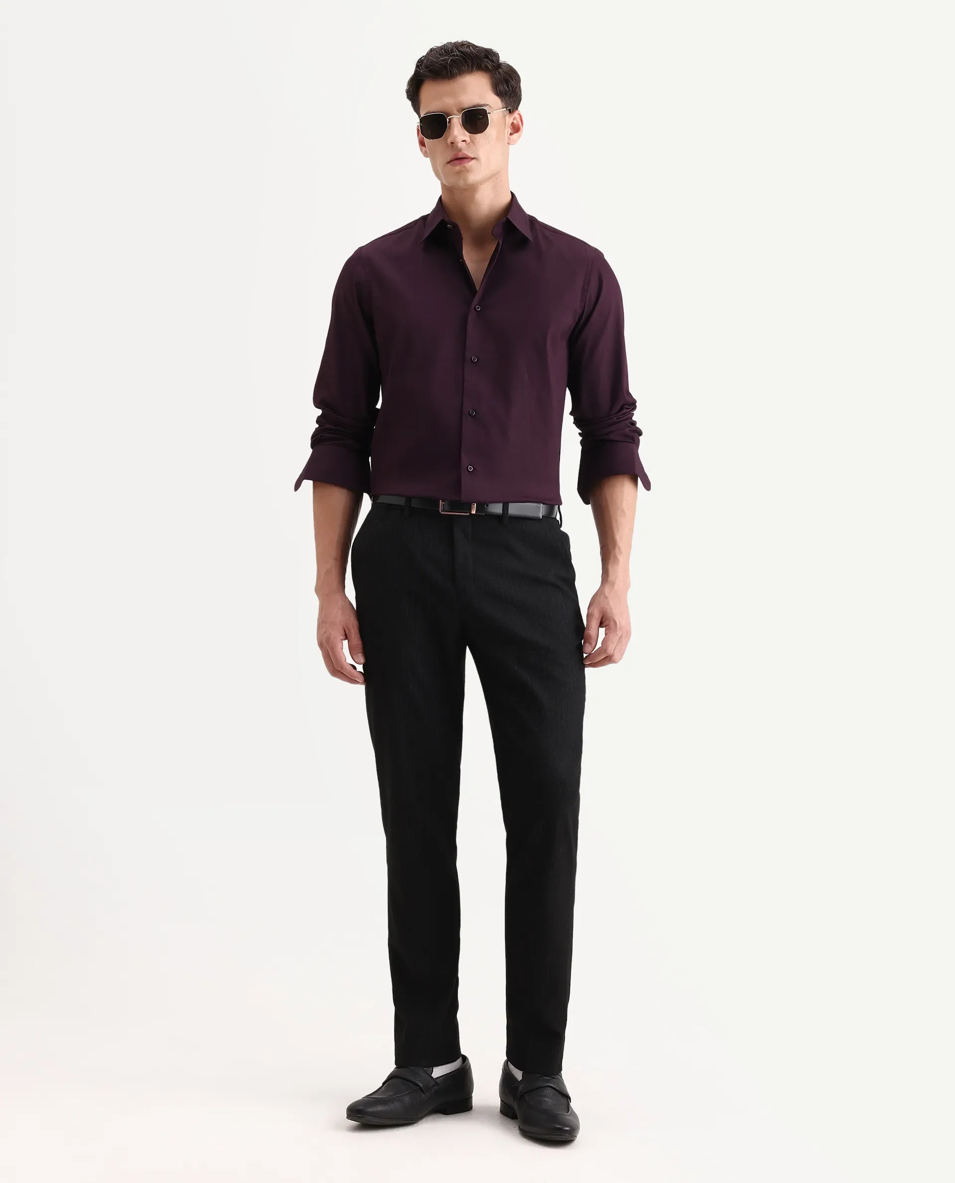 Rare Rabbit Men's Dyke Dark Purple Cotton Blend Fabric Spread Collar Regular Fit Striped Shirt - Image 2