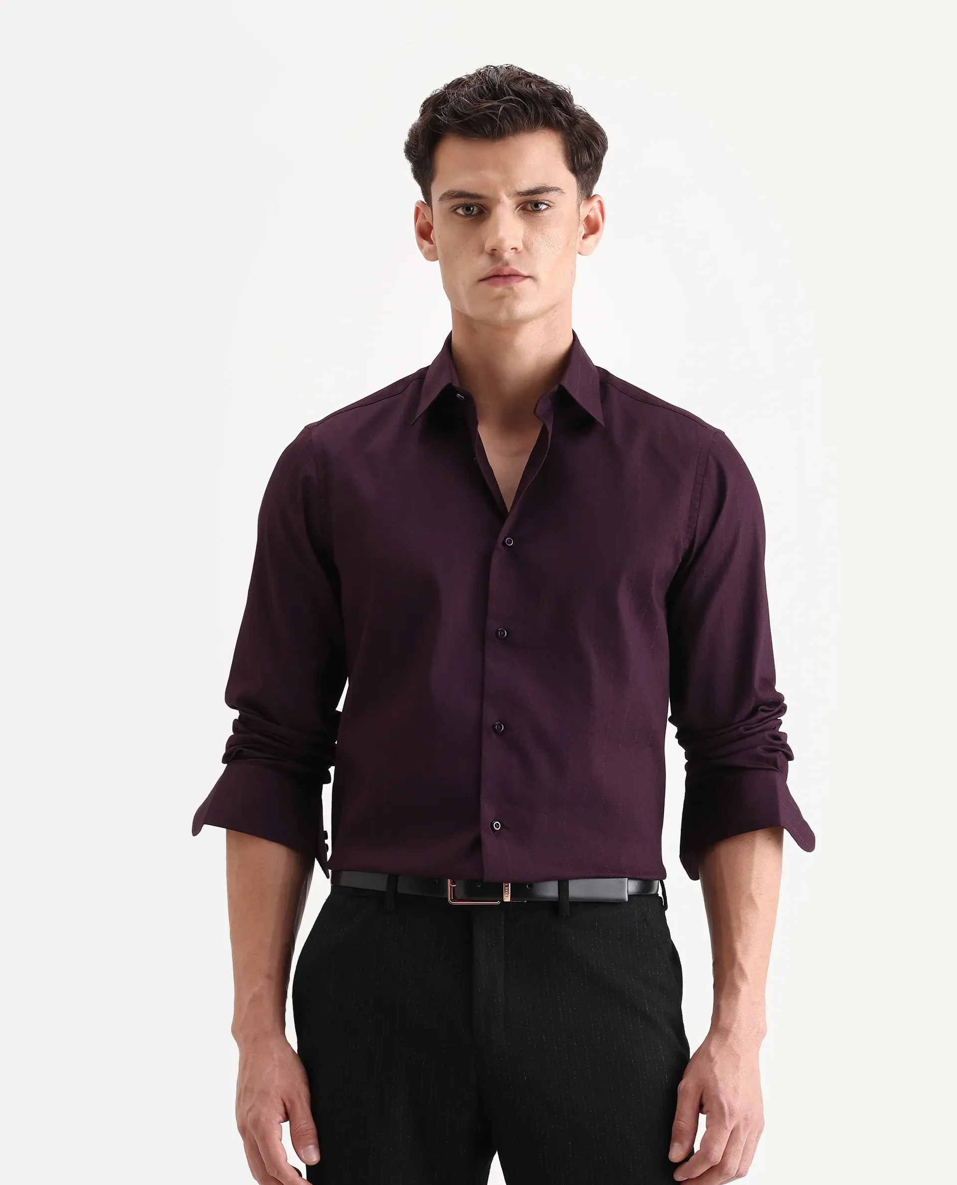 Rare Rabbit Men's Dyke Dark Purple Cotton Blend Fabric Spread Collar Regular Fit Striped Shirt - Image 4