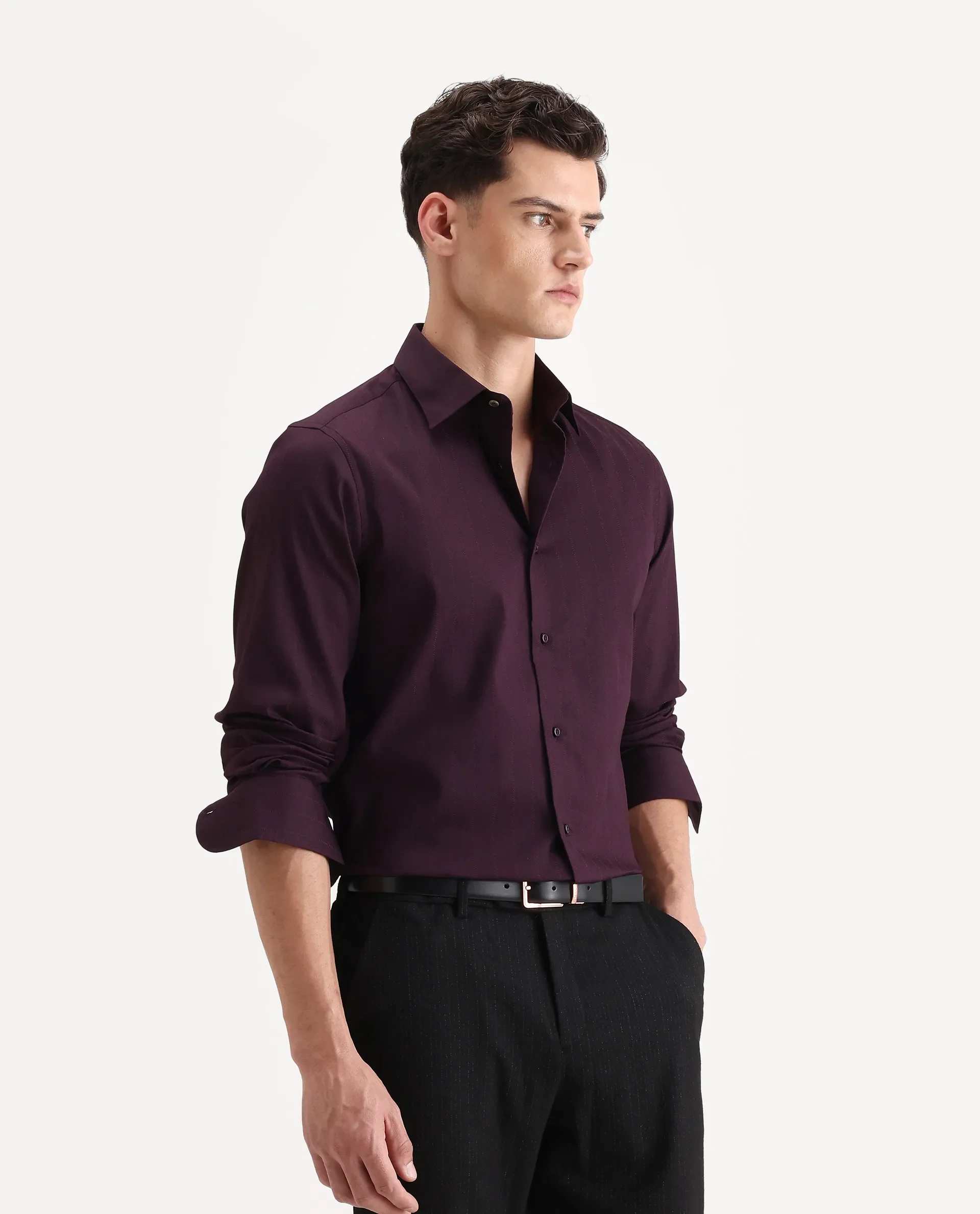 Rare Rabbit Men's Dyke Dark Purple Cotton Blend Fabric Spread Collar Regular Fit Striped Shirt - Image 6