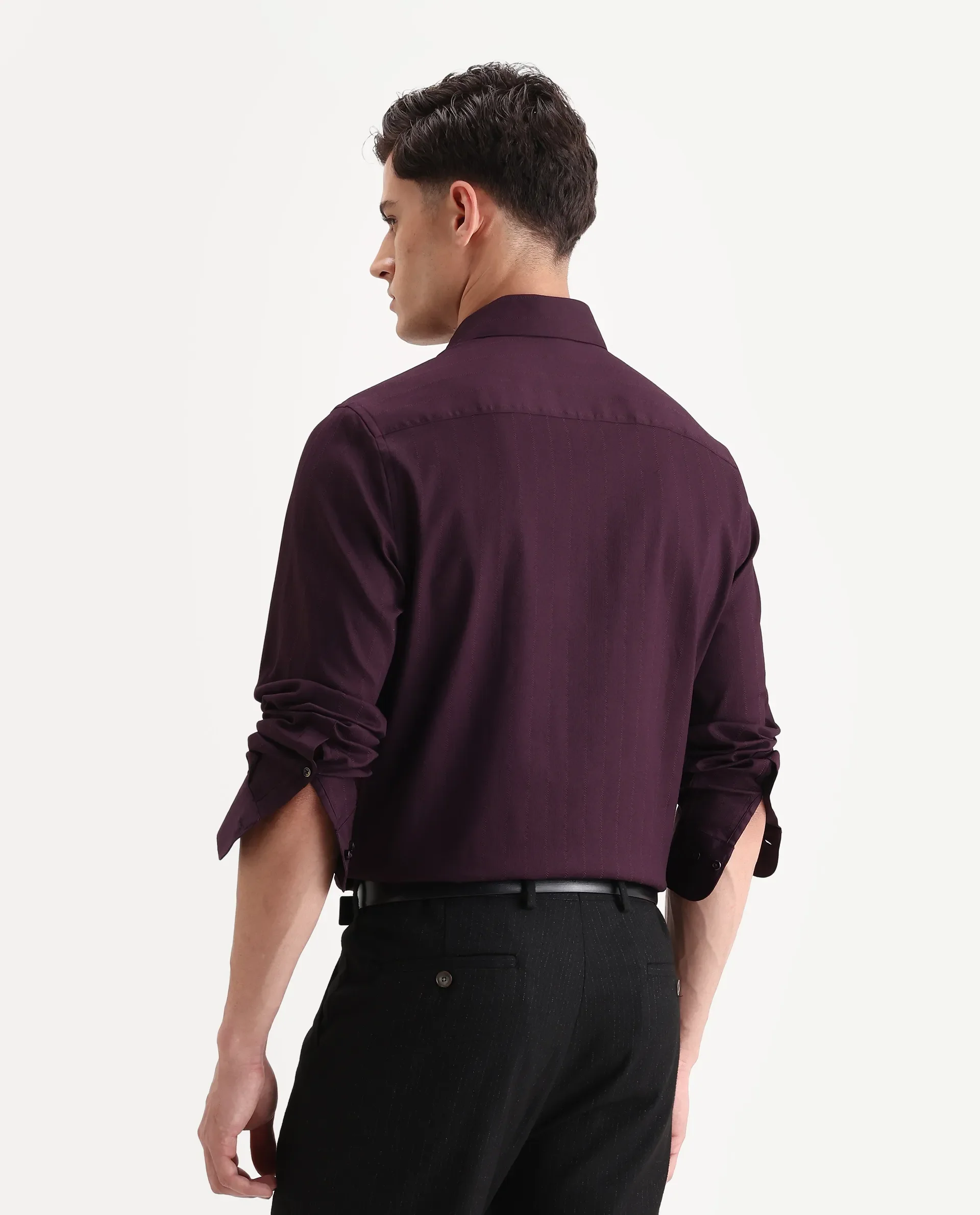Rare Rabbit Men's Dyke Dark Purple Cotton Blend Fabric Spread Collar Regular Fit Striped Shirt - Image 7