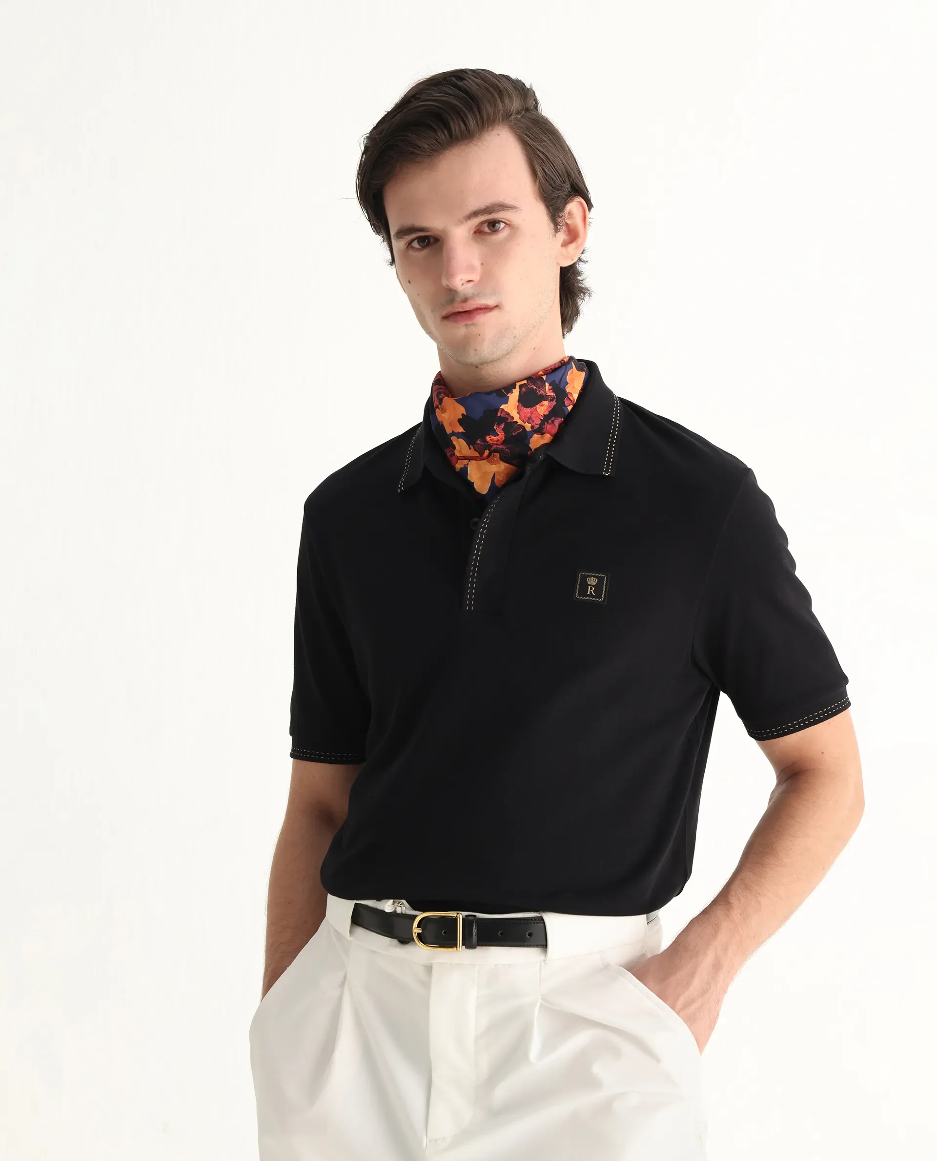 Rare Rabbit Men's Dylan Black Cotton Blend Plain Regular Fit Half Sleeve Polo