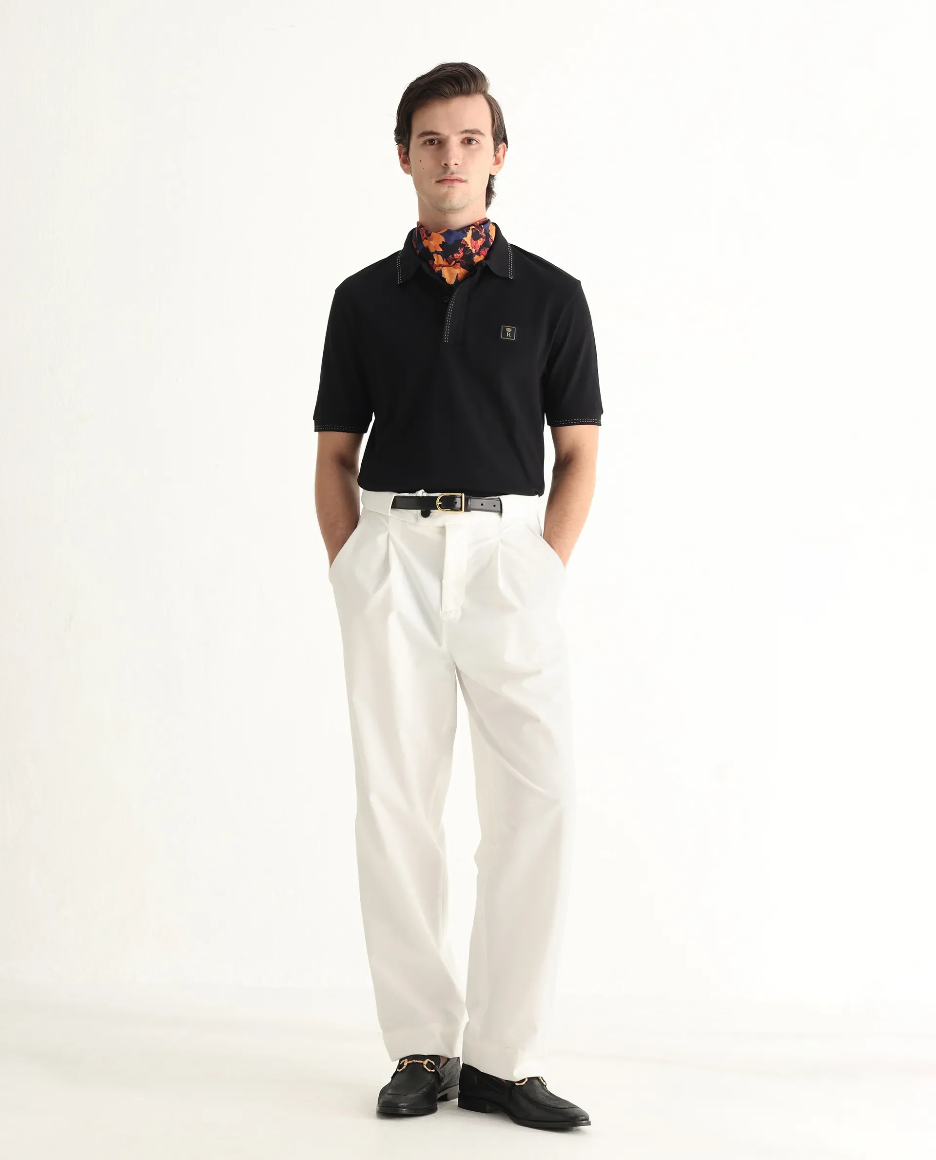 Rare Rabbit Men's Dylan Black Cotton Blend Plain Regular Fit Half Sleeve Polo - Image 2