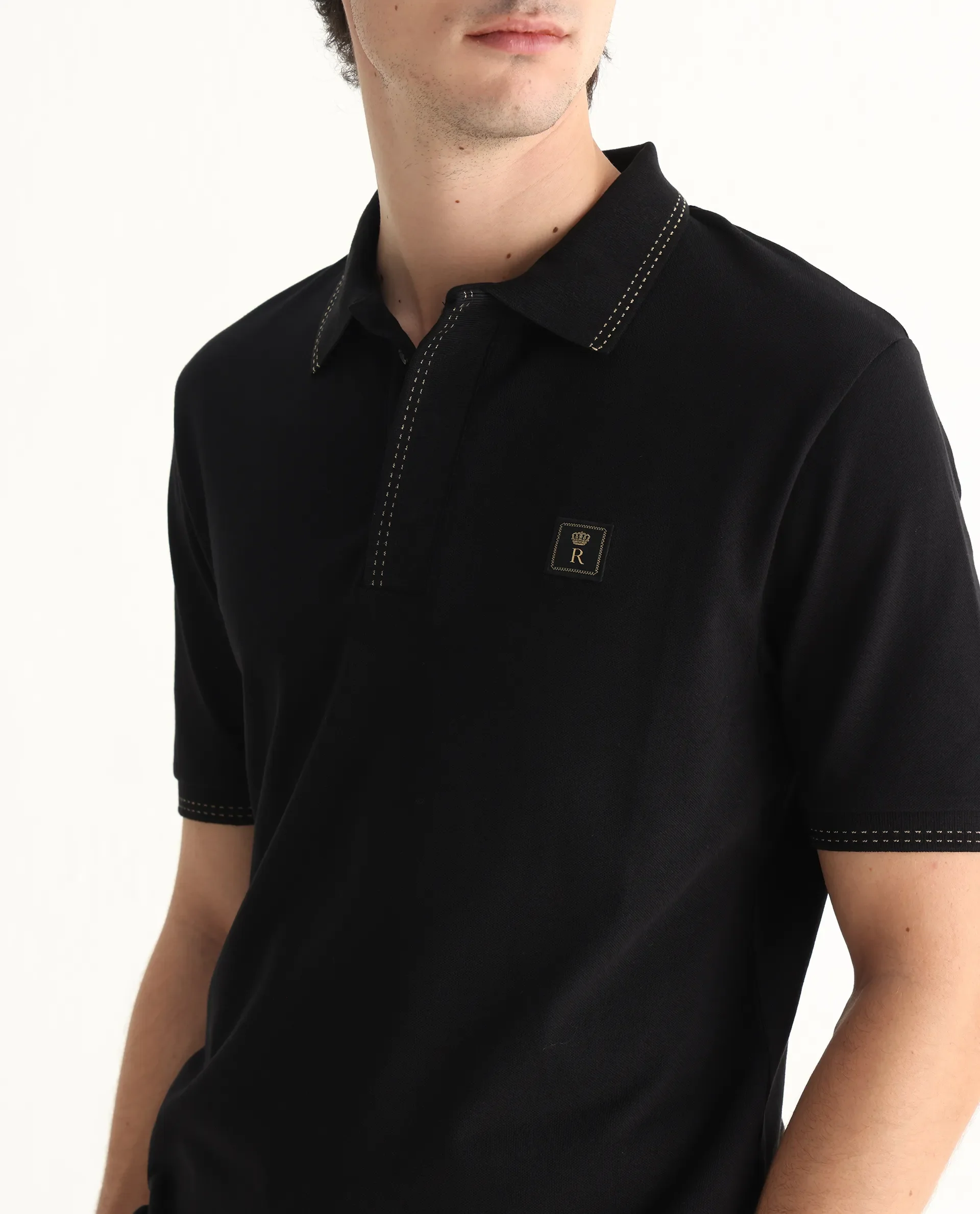 Rare Rabbit Men's Dylan Black Cotton Blend Plain Regular Fit Half Sleeve Polo - Image 3