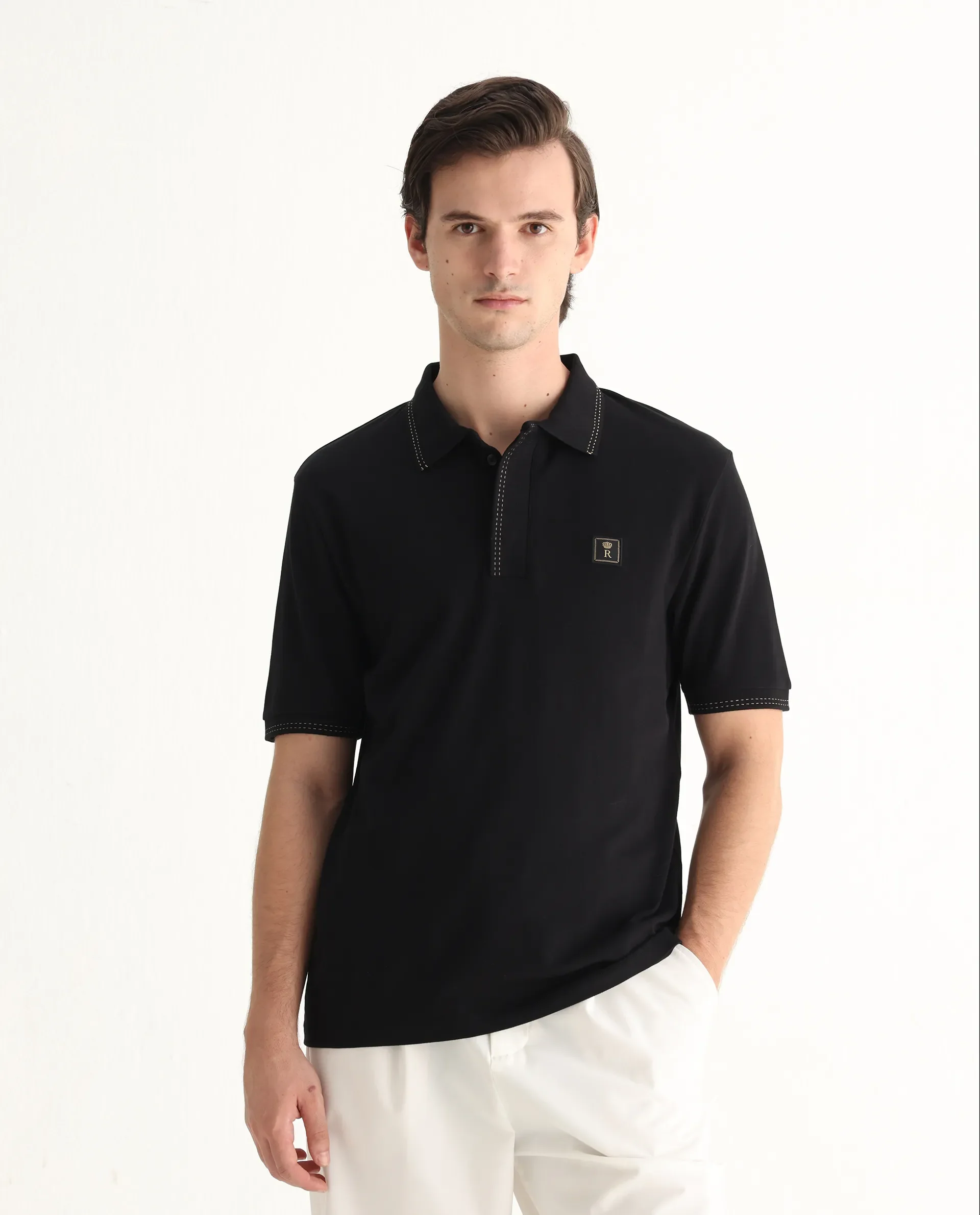 Rare Rabbit Men's Dylan Black Cotton Blend Plain Regular Fit Half Sleeve Polo - Image 4