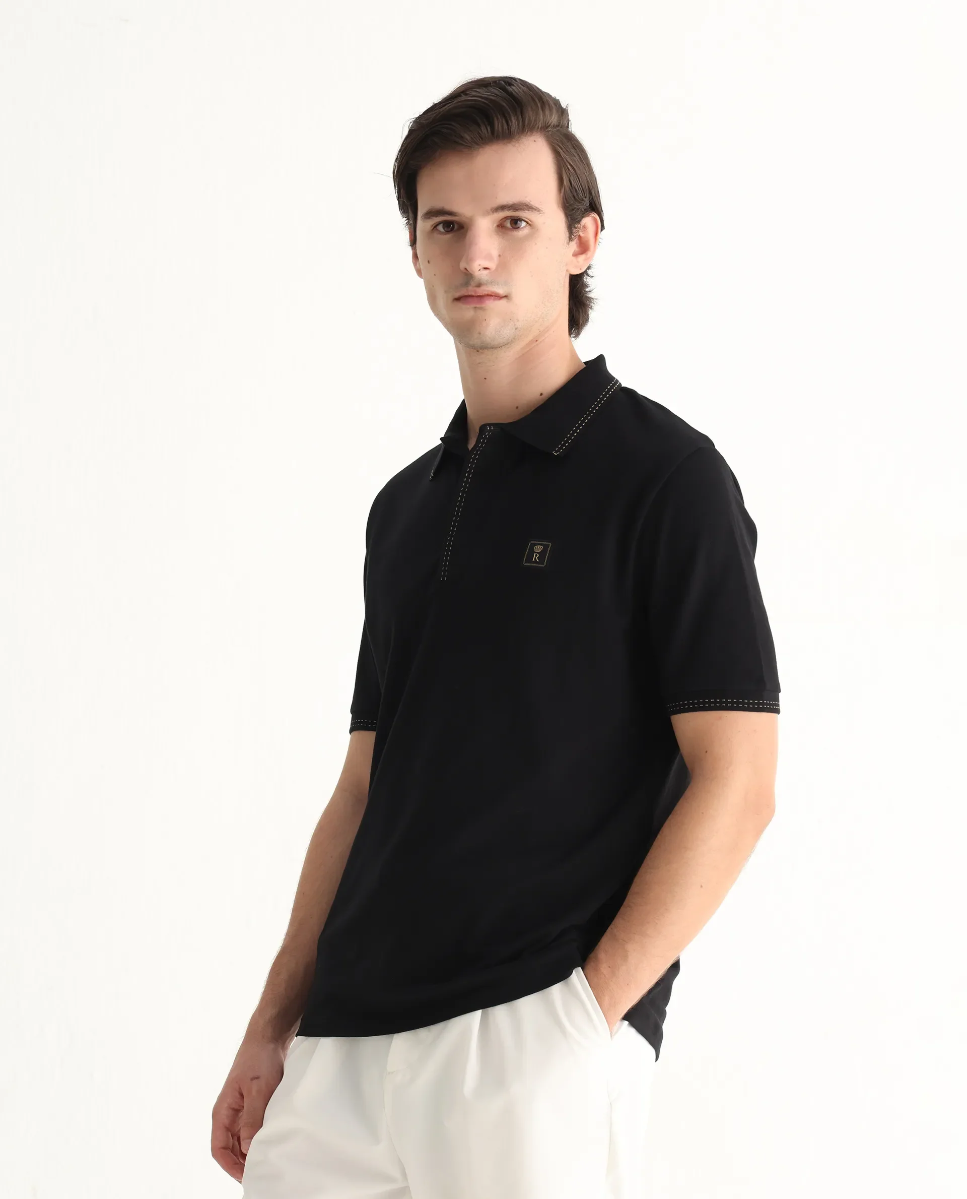 Rare Rabbit Men's Dylan Black Cotton Blend Plain Regular Fit Half Sleeve Polo - Image 5