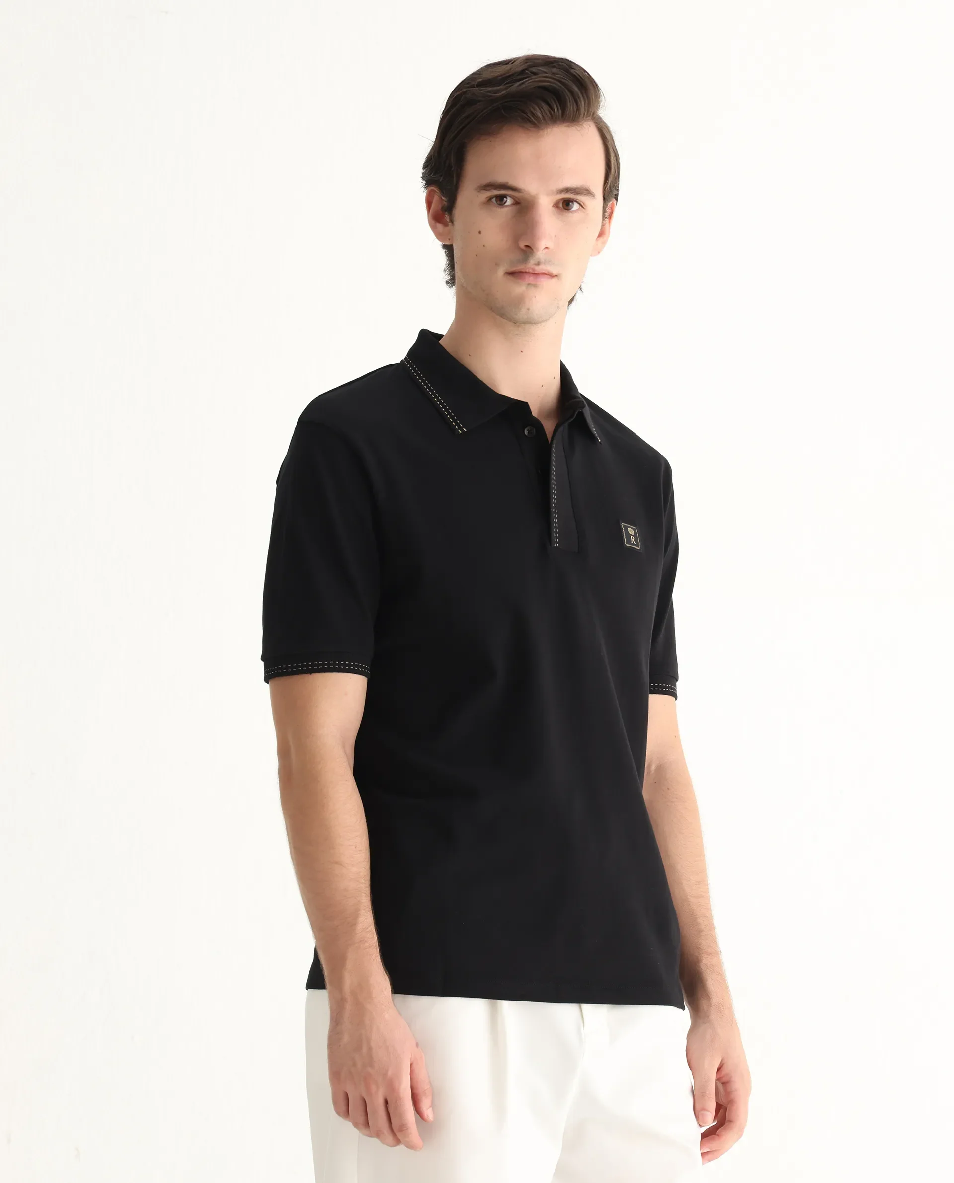 Rare Rabbit Men's Dylan Black Cotton Blend Plain Regular Fit Half Sleeve Polo - Image 6