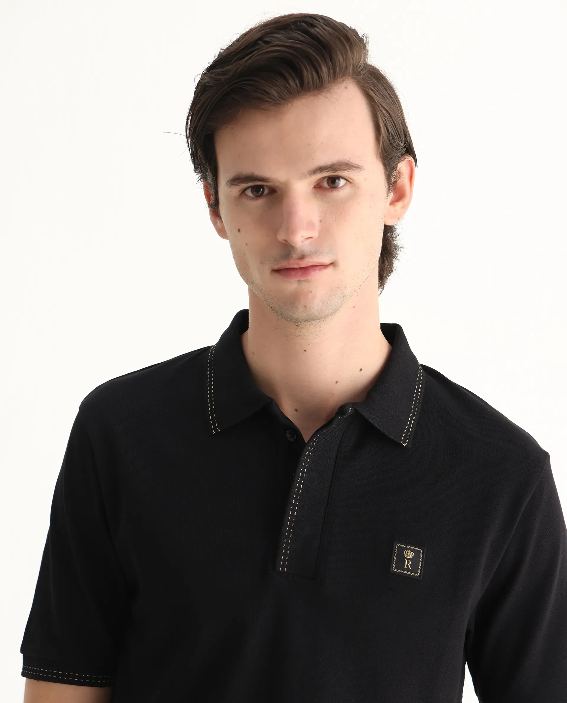 Rare Rabbit Men's Dylan Black Cotton Blend Plain Regular Fit Half Sleeve Polo - Image 7