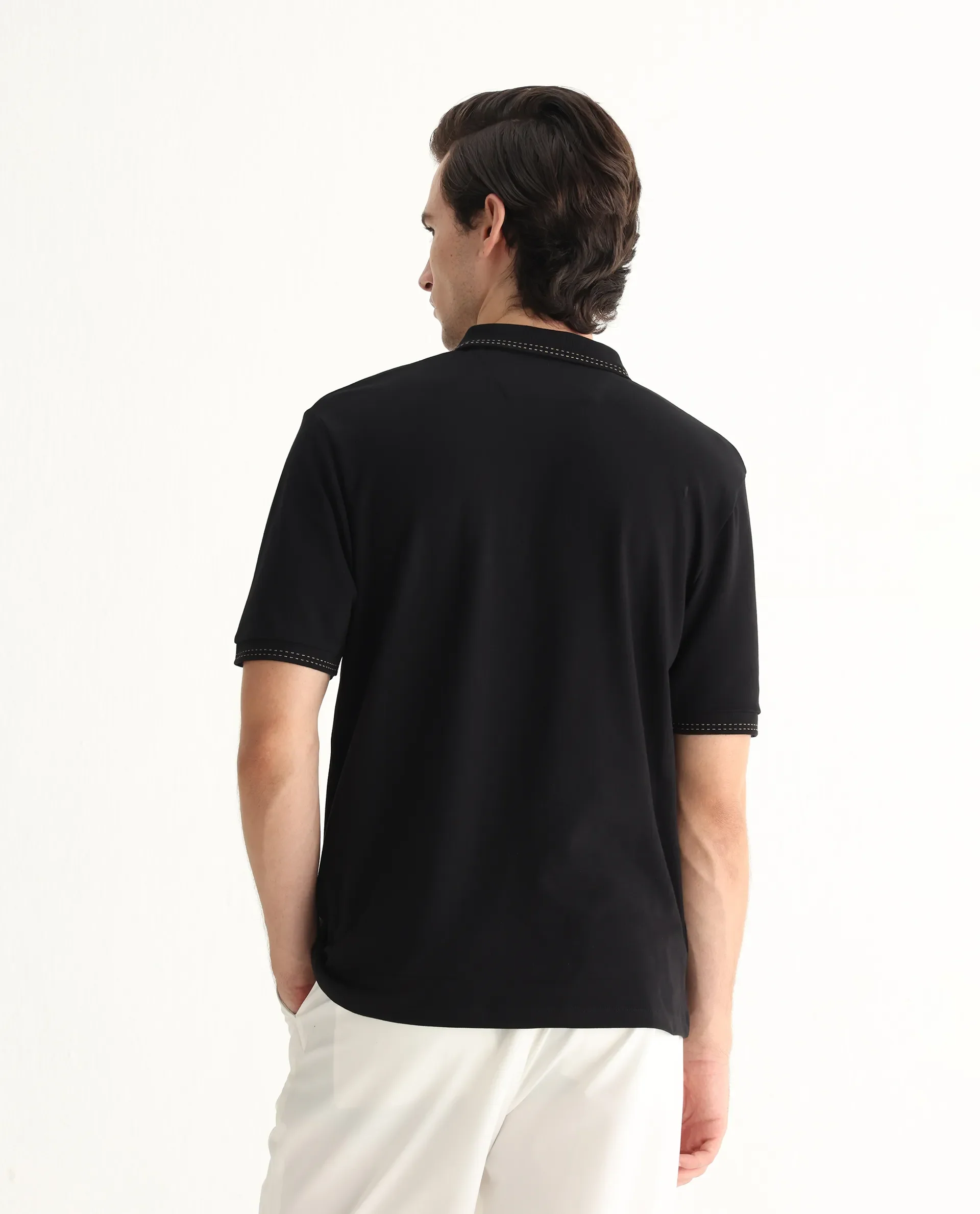 Rare Rabbit Men's Dylan Black Cotton Blend Plain Regular Fit Half Sleeve Polo - Image 8