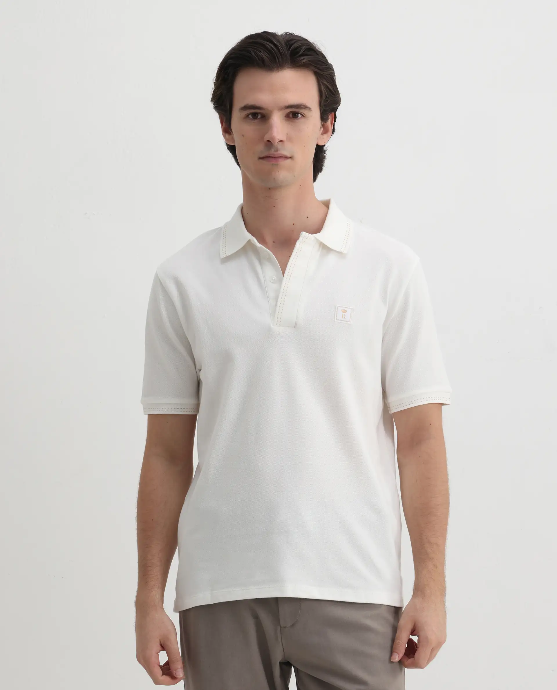 Rare Rabbit Men's Dylan White Cotton Blend Plain Regular Fit Half Sleeve Polo - Image 6