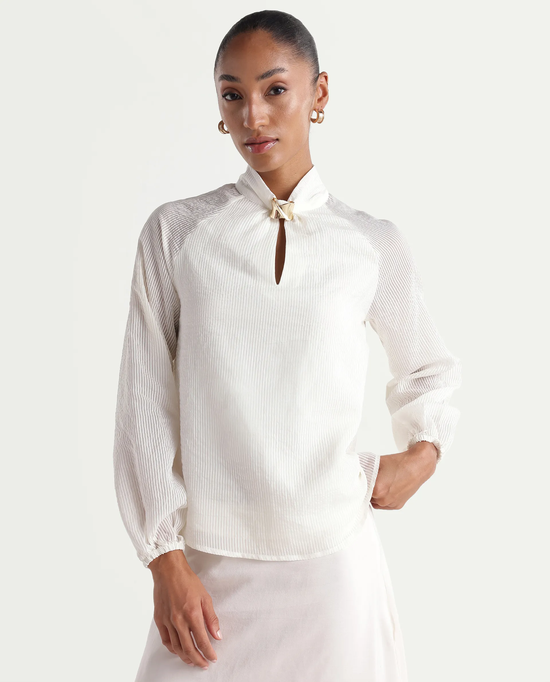 Rareism Women's Dyna Off White Viscose Blend Band Collar Button Regular Plain Top - Image 3