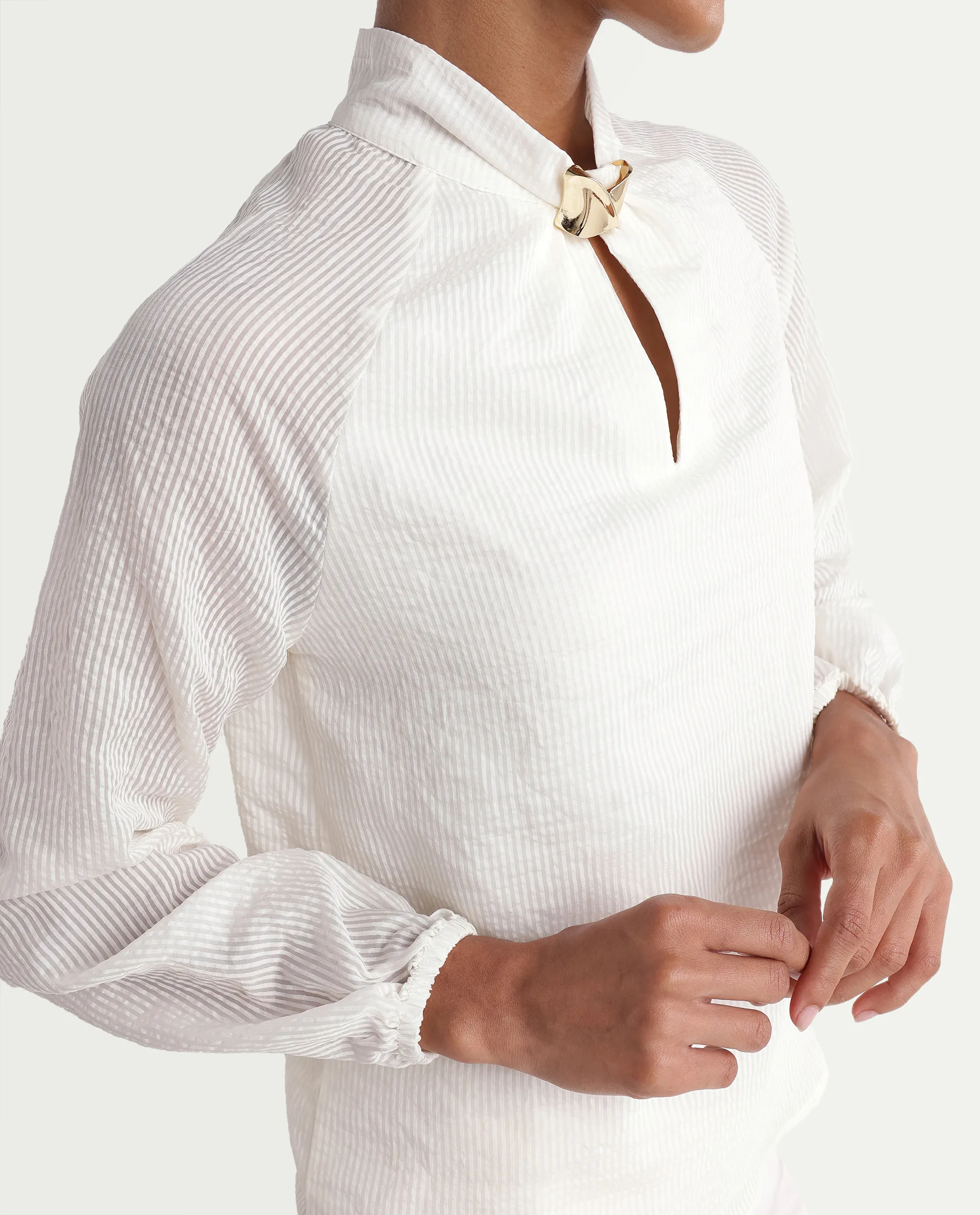 Rareism Women's Dyna Off White Viscose Blend Band Collar Button Regular Plain Top - Image 4