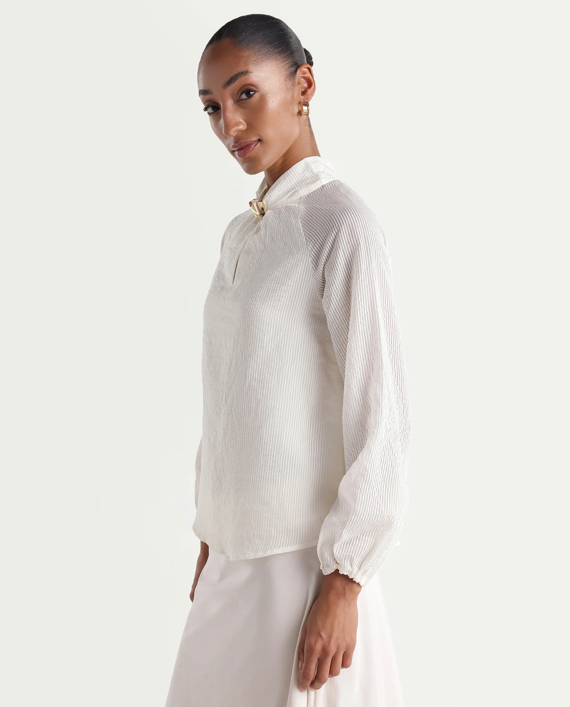 Rareism Women's Dyna Off White Viscose Blend Band Collar Button Regular Plain Top - Image 5