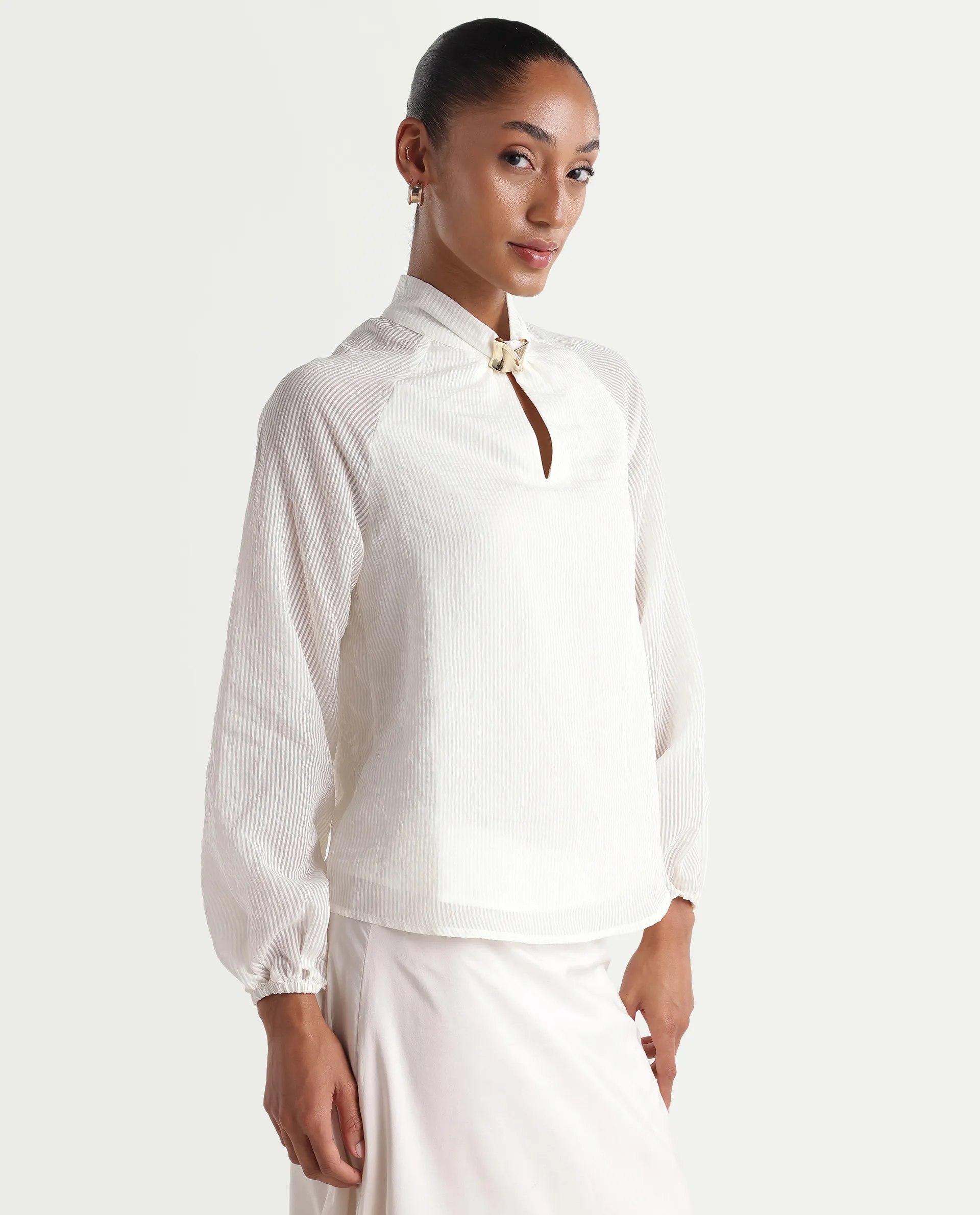 Rareism Women's Dyna Off White Viscose Blend Band Collar Button Regular Plain Top - Image 6